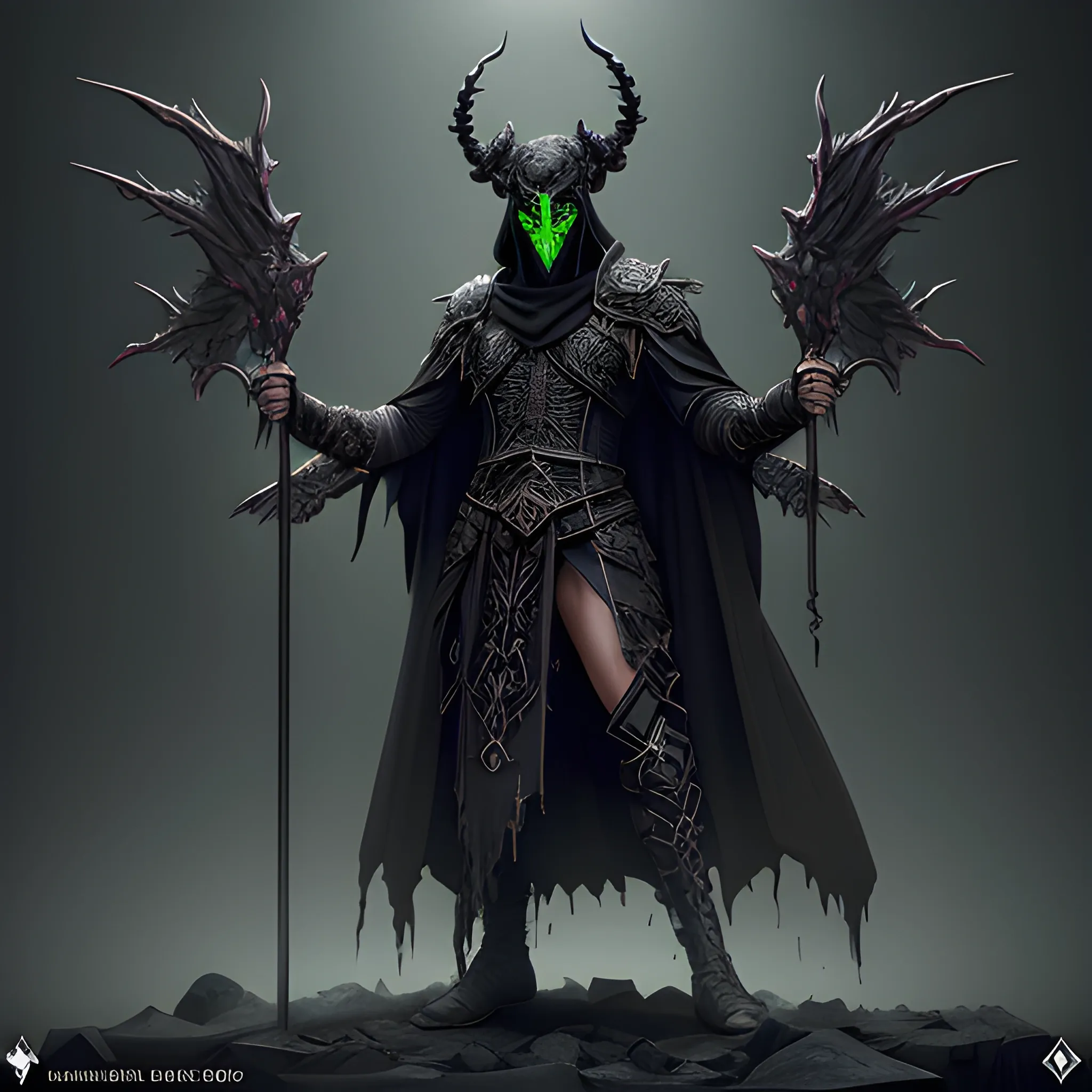 Male Necromancer, Layered Black robes, horned ebony mask, Wisps of green energy on the hands, Shards of Emeralds on the cloths, full body view, 8k, high resolution, high quality, photorealistic, hyperrealistic, detailed, detailed matte painting, deep color, fantastical, intricate detail, splash screen, complementary colors, fantasy concept art, 8k resolution trending on Artstation Unreal Engine 5