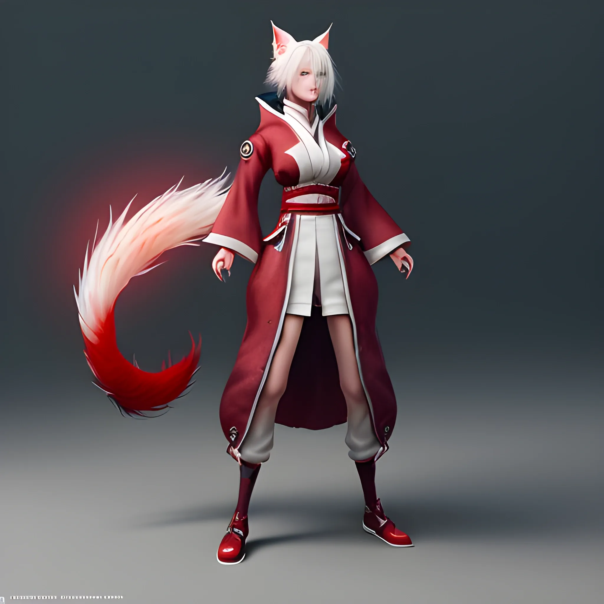 Kitsune, tightly fitted clothes, white hair, red eye, fair skin, 8k, high quality, fantasy concept art, detailed, Whisp of red magic on a hand, 8k resolution on artstation unreal engine 5, full body