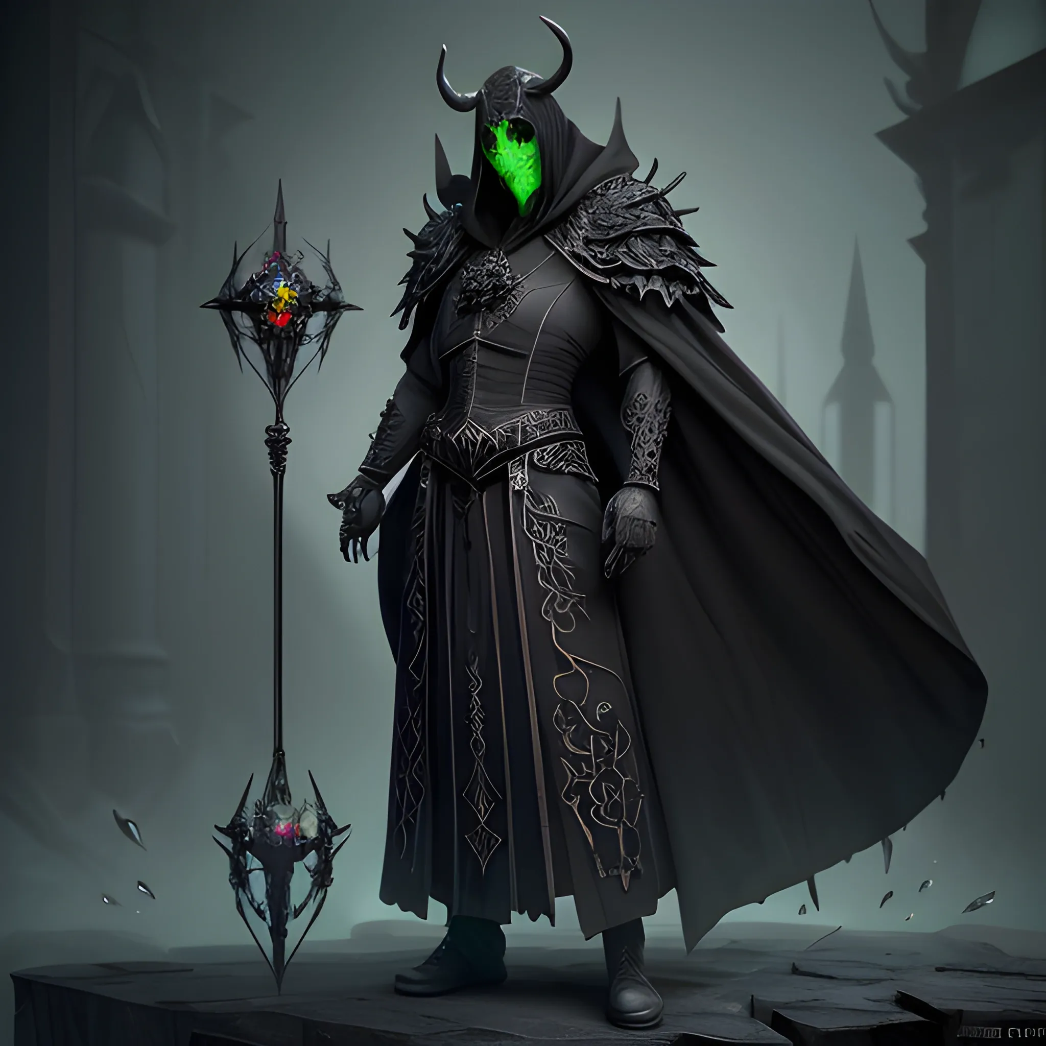 Male Necromancer, Layered Black robes, horned ebony mask, Wisps of green energy on the hands, Shards of Emeralds on the cloths, full body view, 8k, high resolution, high quality, photorealistic, hyperrealistic, detailed, detailed matte painting, deep color, fantastical, intricate detail, splash screen, complementary colors, fantasy concept art, 8k resolution trending on Artstation Unreal Engine 5