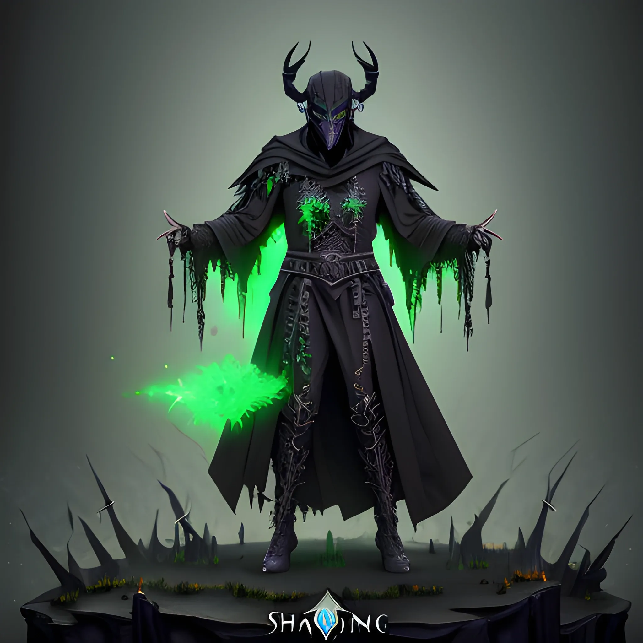 Male Necromancer, Layered Black robes, horned ebony mask, Wisps of green energy on the hands, Shards of Emeralds on the cloths, full body view, 8k, high resolution, high quality, photorealistic, hyperrealistic, detailed, detailed matte painting, deep color, fantastical, intricate detail, splash screen, complementary colors, fantasy concept art, 8k resolution trending on Artstation Unreal Engine 5