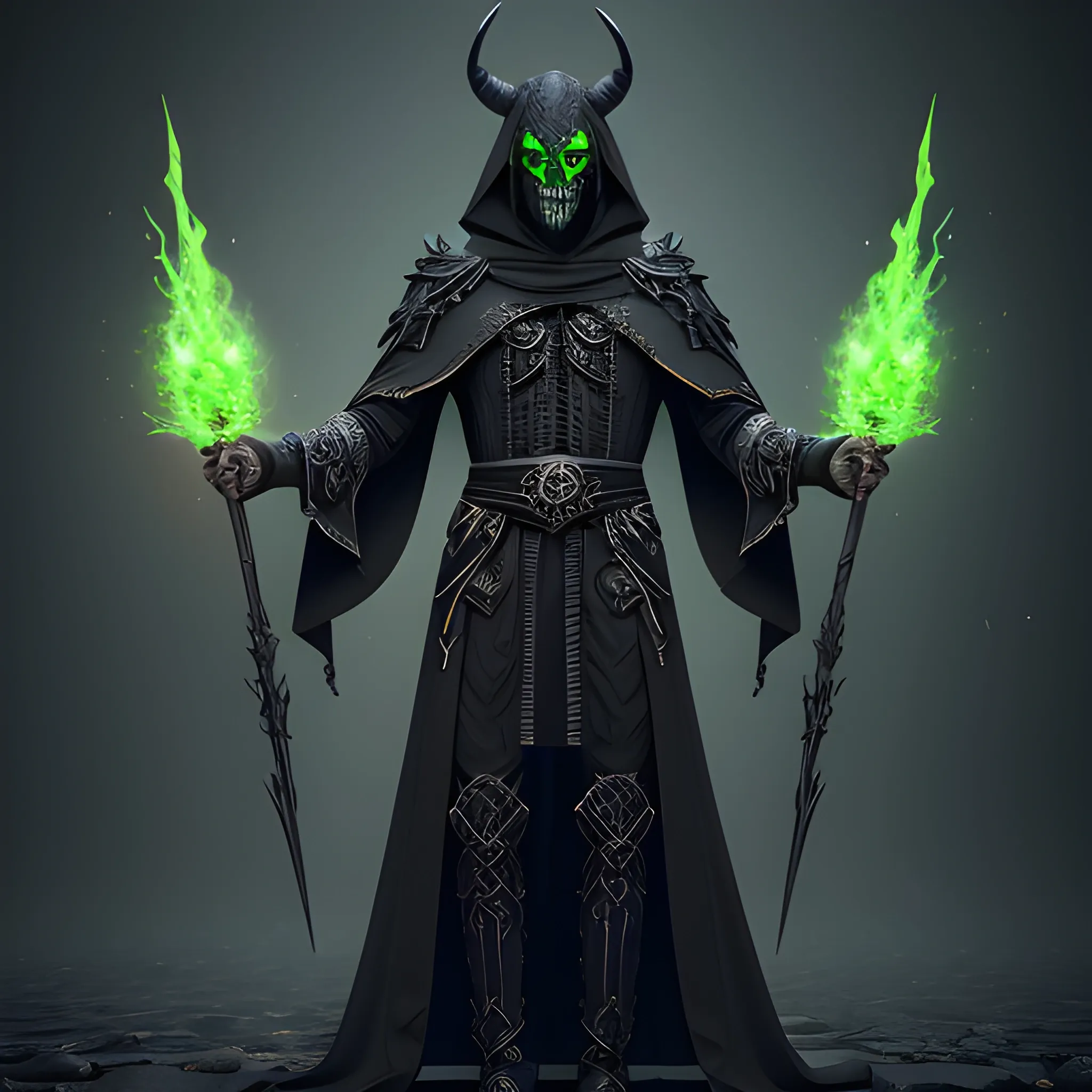 Male Necromancer, Layered Black robes, horned ebony mask, Wisps ...