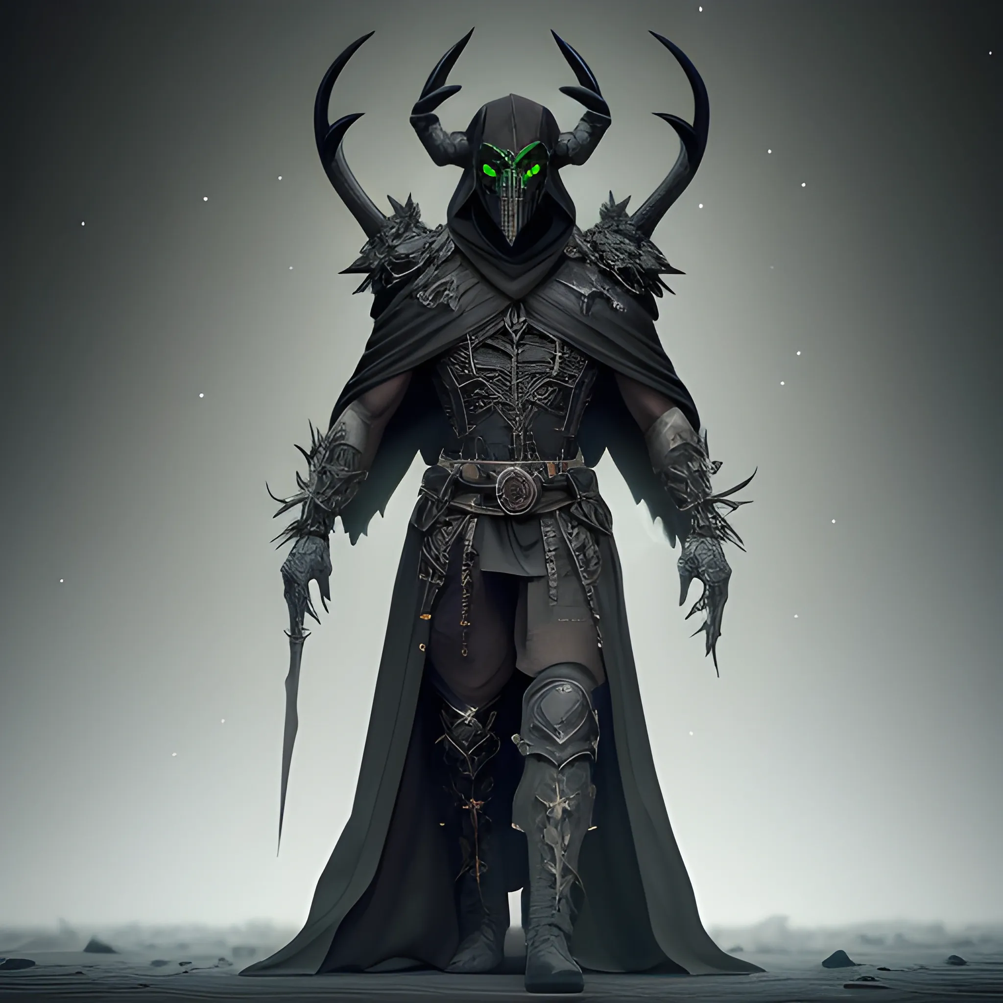 Male Necromancer, Layered Black robes, horned ebony mask, Wisps of green energy on the hands, Shards of Emeralds on the cloths, full body view, 8k, high resolution, high quality, photorealistic, hyperrealistic, detailed, detailed matte painting, deep color, fantastical, intricate detail, splash screen, complementary colors, fantasy concept art, 8k resolution trending on Artstation Unreal Engine 5