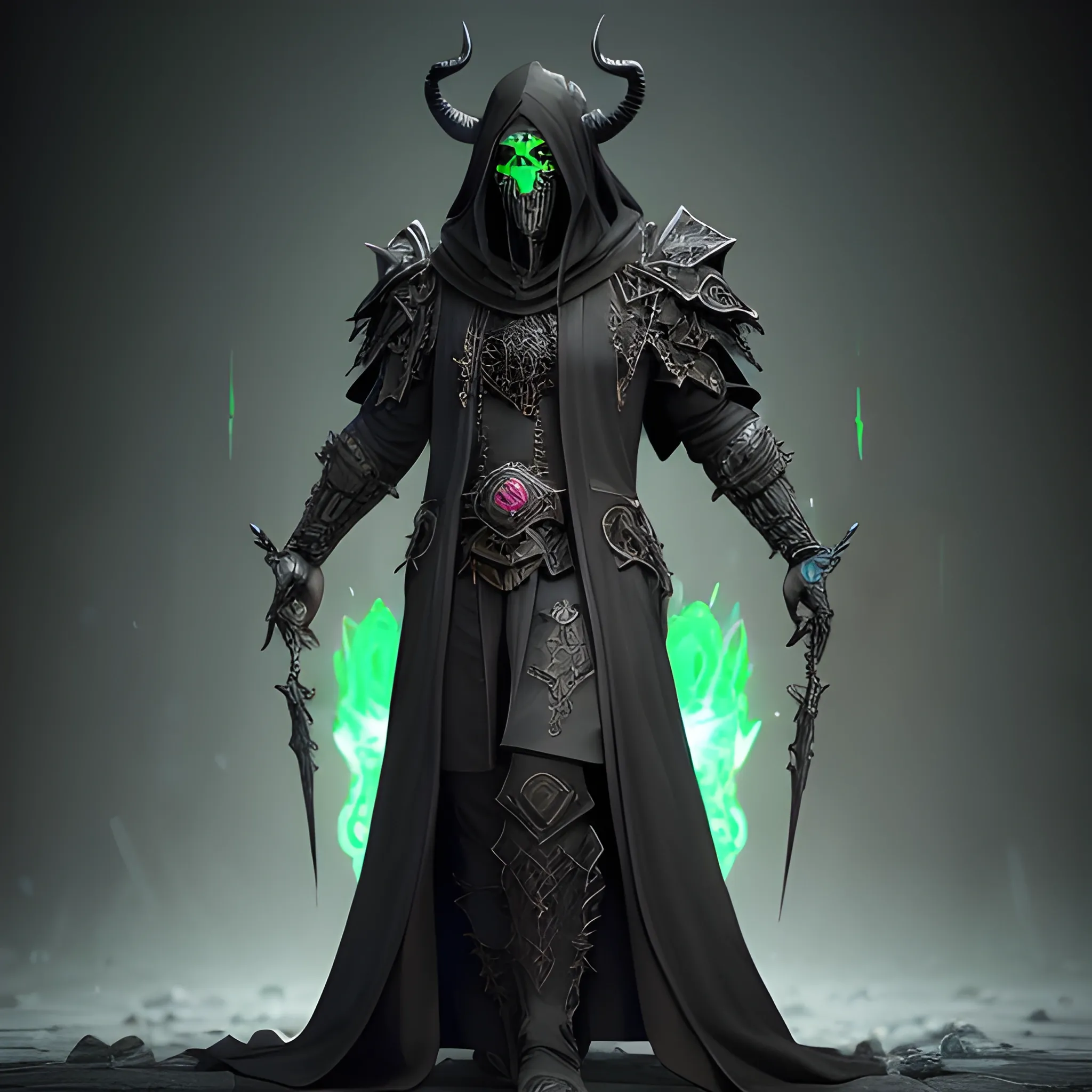 Male Necromancer, Layered Black robes, horned ebony mask, Wisps ...