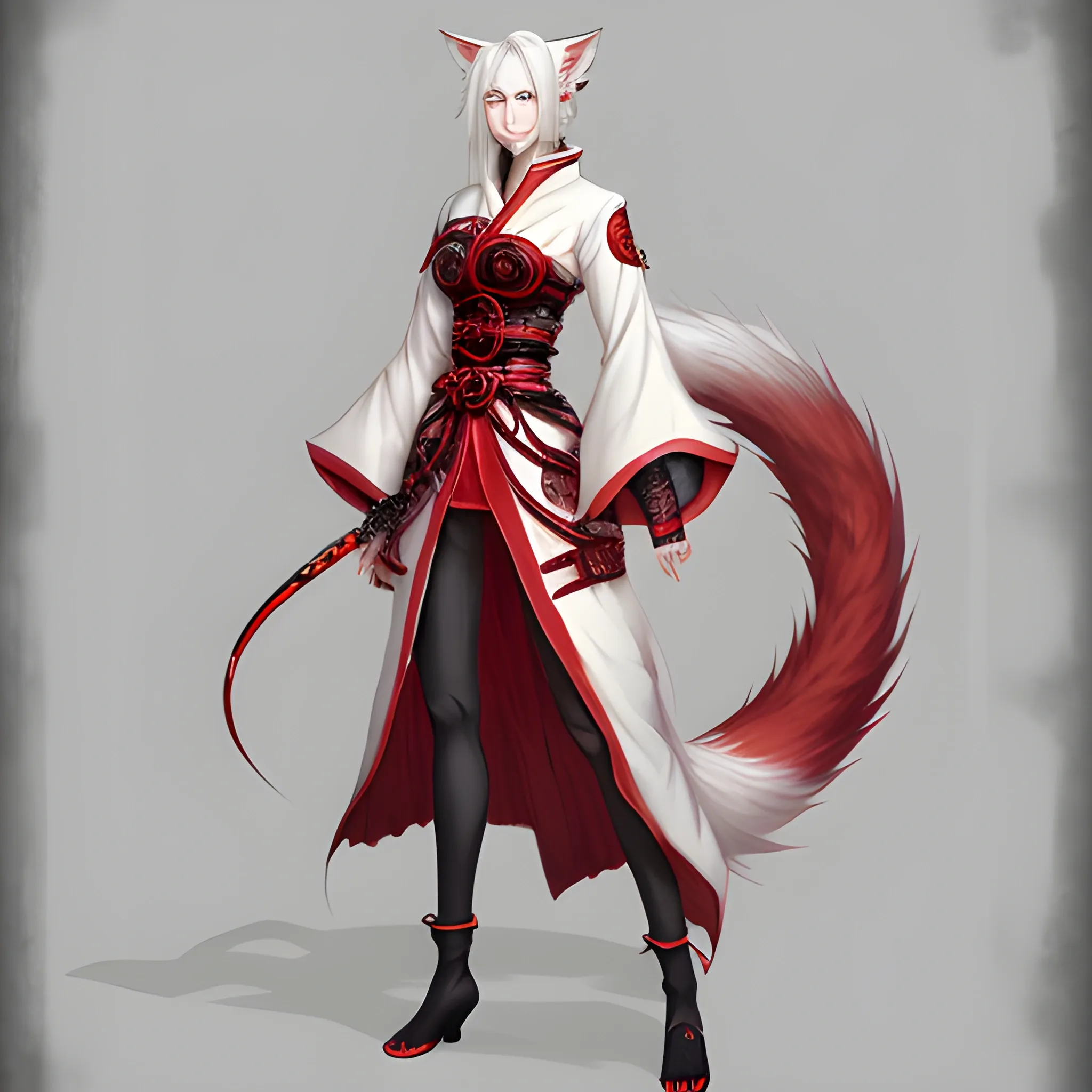 Kitsune, tightly fitted clothes, white hair, red eye, fair skin, high quality, fantasy concept art, detailed, full body