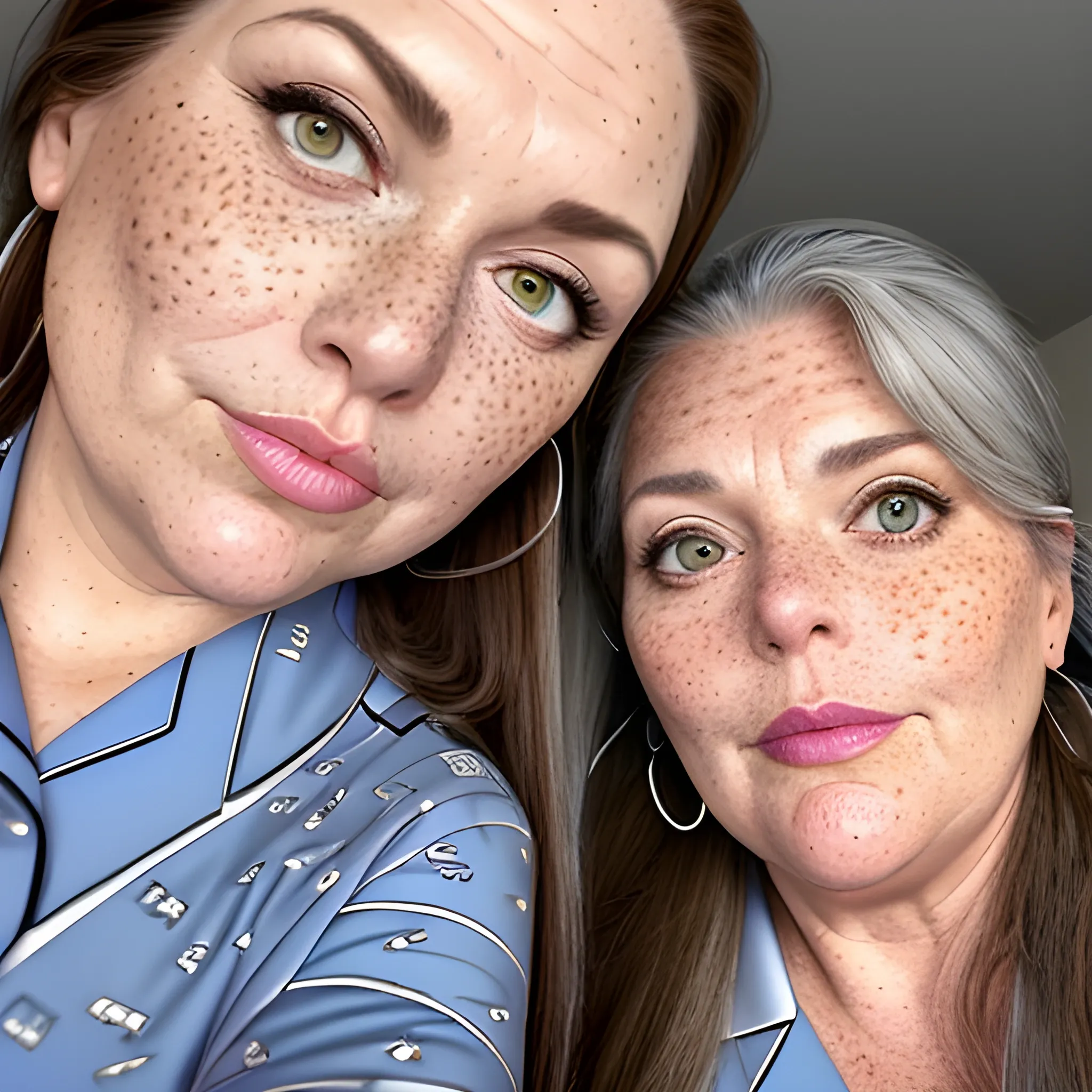 Two tall beautiful plus sized, ample, middle-aged  American Women, long straight brown hair, ponytail, full lips, full face, freckles, fitted grey and blue patterned pajamas, looking down at the camera, up close pov, detailed, warm lighting 
