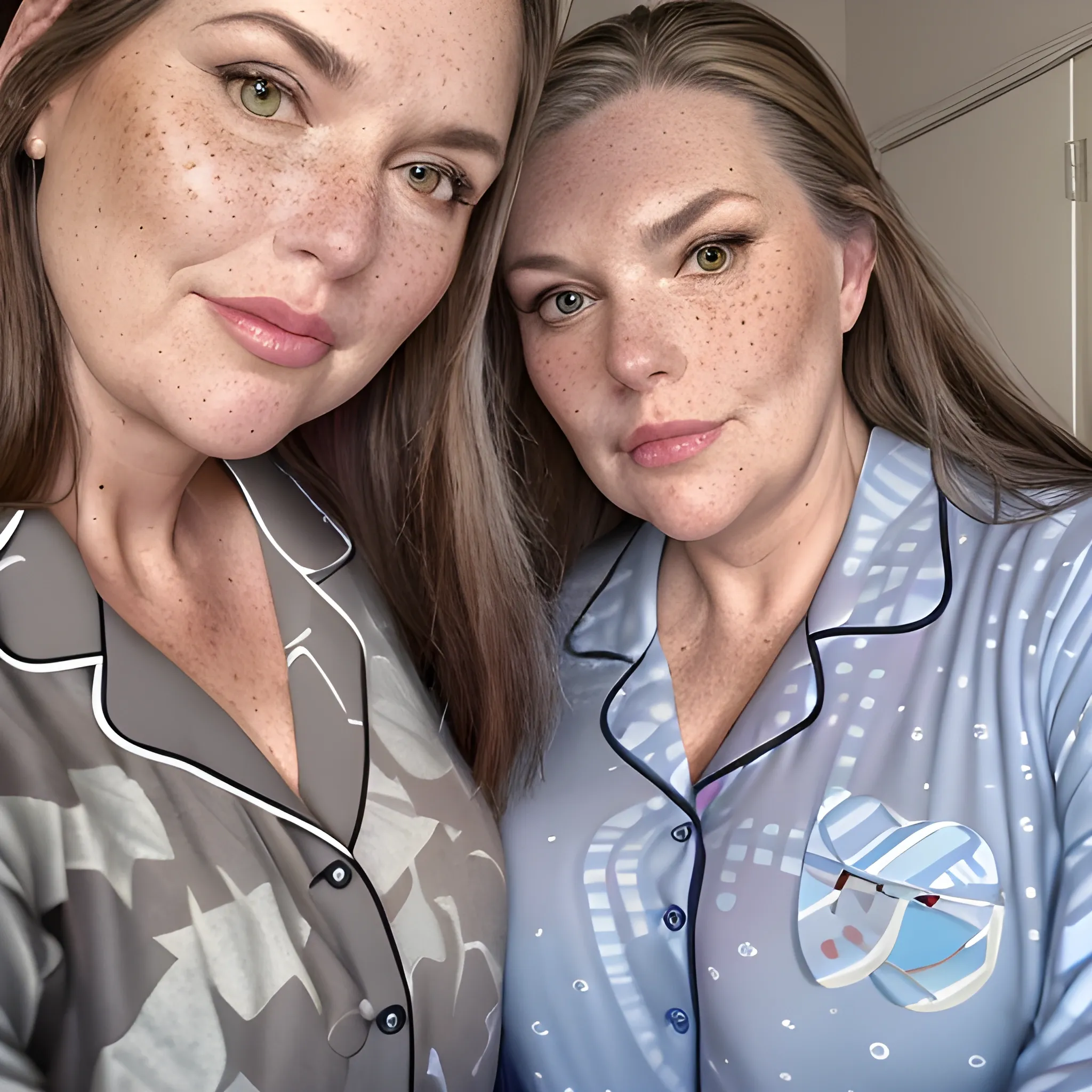 Two tall beautiful plus sized, ample, middle-aged  American Women, long straight brown hair, ponytail, full lips, full face, freckles, fitted grey and blue patterned pajamas, looking down at the camera, up close pov, detailed, warm lighting 