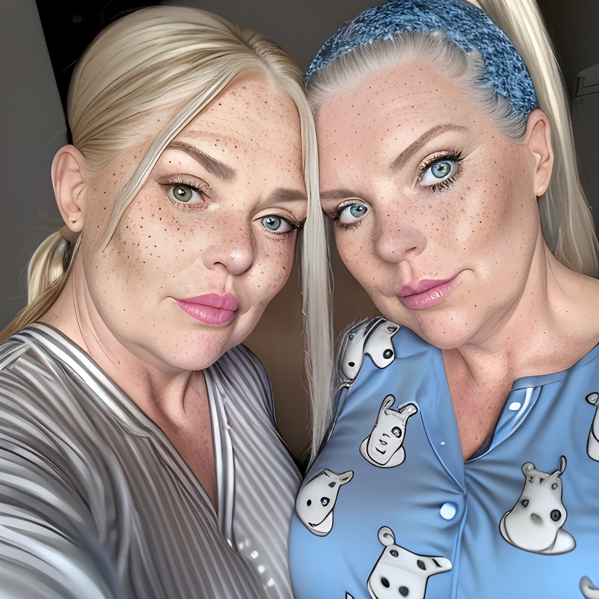 Two tall beautiful plus sized, ample, middle-aged  American Women, long straight blonde hair, ponytail, full lips, full face, freckles, fitted grey and blue patterned pajamas, looking down at the camera, up close pov, detailed, warm lighting 