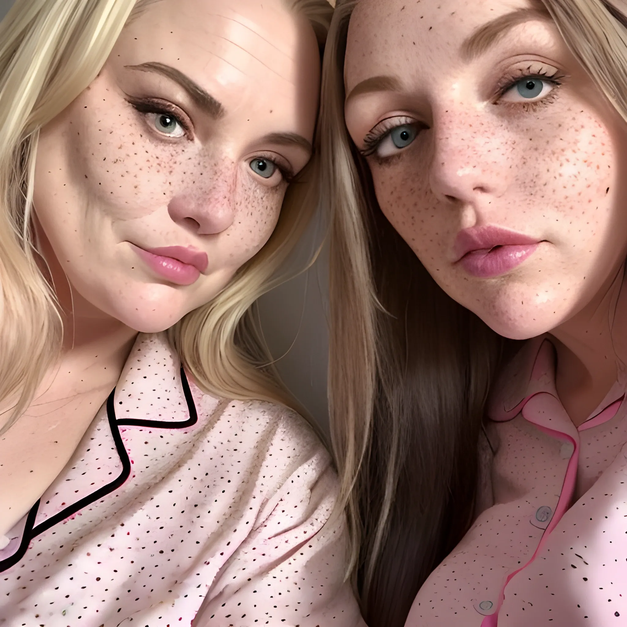 Two tall beautiful plus sized, ample, middle-aged  American Women, long straight blonde hair, full lips, full face, freckles, fitted black and pink patterned pajamas, looking down at the camera, up close pov, detailed, warm lighting 