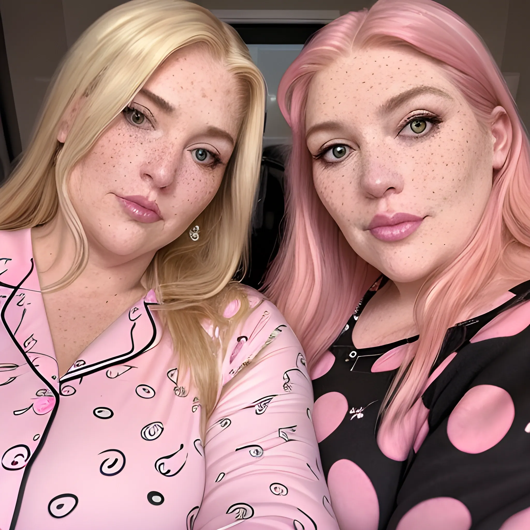 Two tall beautiful plus sized, ample, middle-aged  American Women, long straight blonde hair, full lips, full face, freckles, fitted black and pink patterned pajamas, looking down at the camera, up close pov, detailed, warm lighting 
