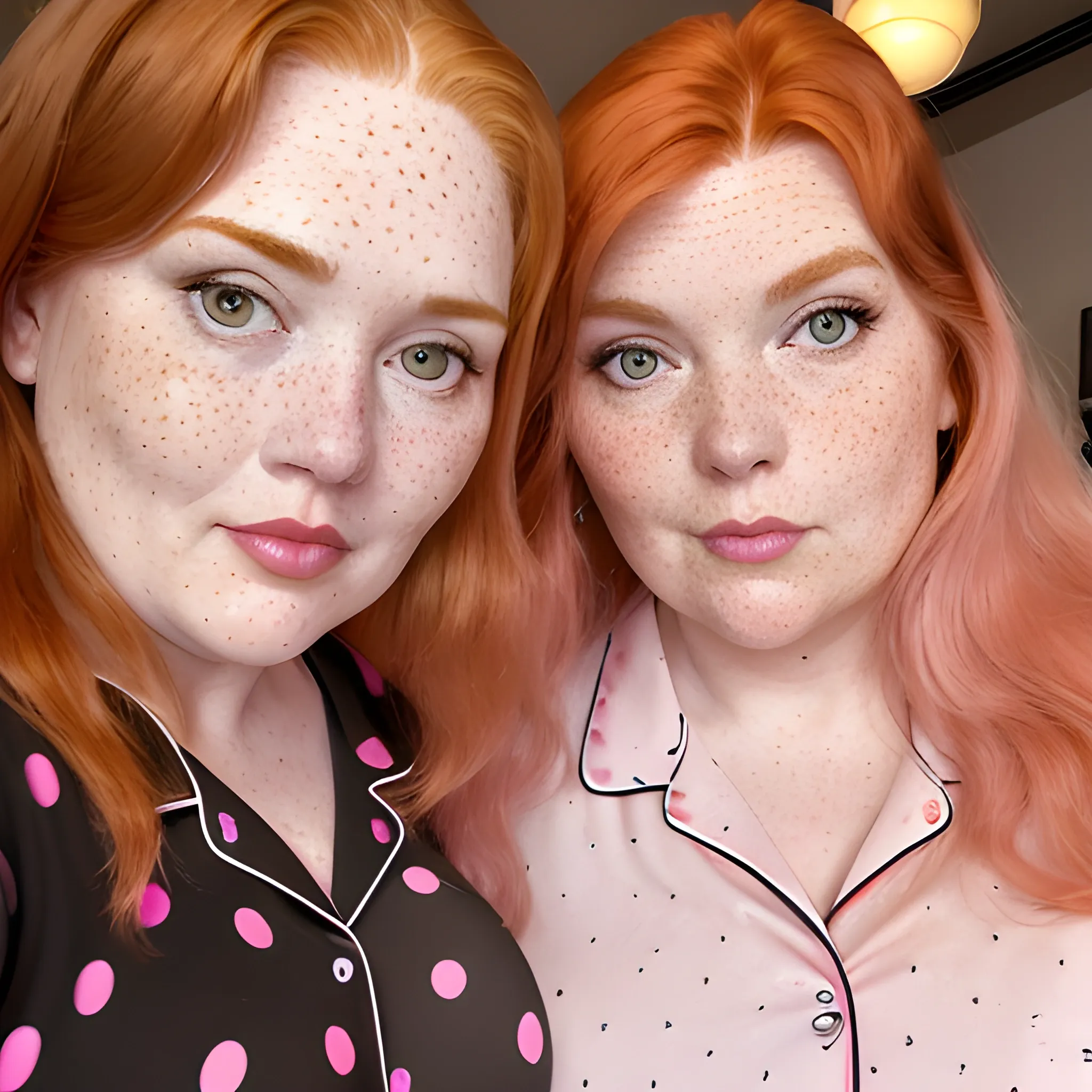 Two tall beautiful plus sized, ample, middle-aged  American Women, long straight ginger hair, full lips, full face, freckles, fitted black and pink patterned pajamas, looking down at the camera, up close pov, detailed, warm lighting 