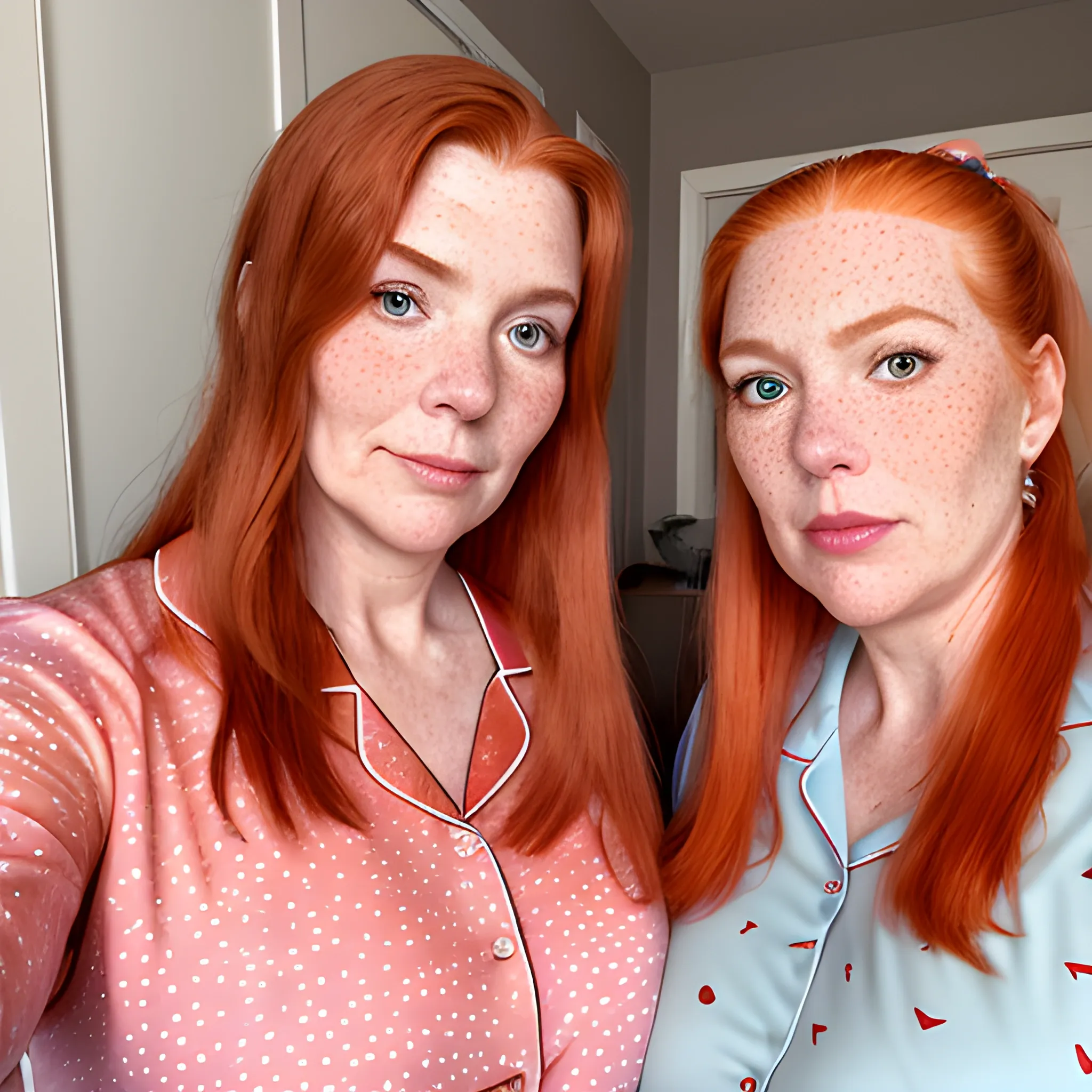 Two tall beautiful plus sized, ample, middle-aged  American Women, long straight ginger hair, ponytail, full lips, full face, freckles, fitted pink and red patterned pajamas, looking down at the camera, up close pov, detailed, warm lighting 