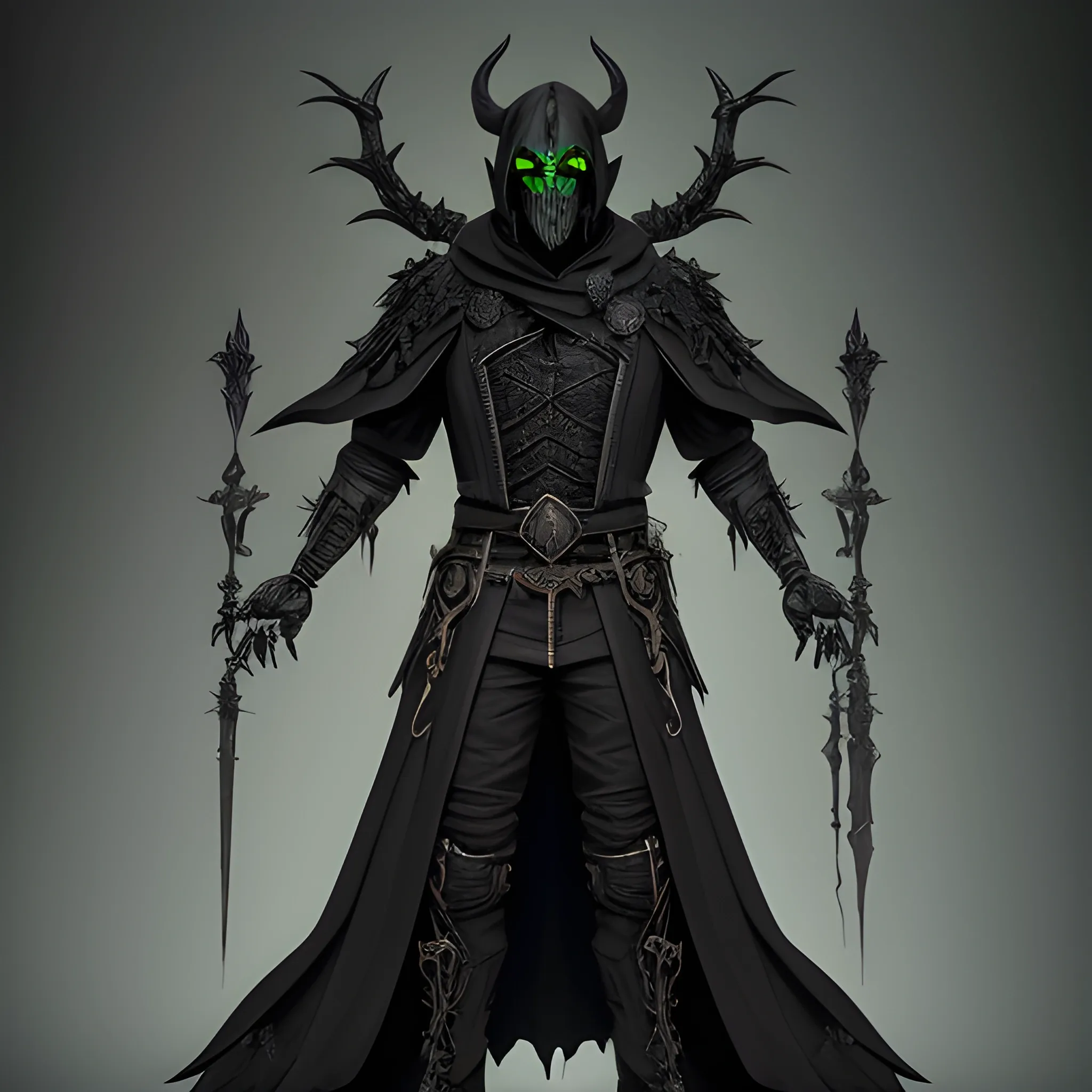 Male Necromancer, Layered Black robes, horned ebony mask, Wisps of green energy on the hands, Shards of Emeralds on the cloths, full body view, 8k, high resolution, high quality, photorealistic, hyperrealistic, detailed, detailed matte painting, deep color, fantastical, intricate detail, splash screen, complementary colors, fantasy concept art, 8k resolution trending on Artstation Unreal Engine 5