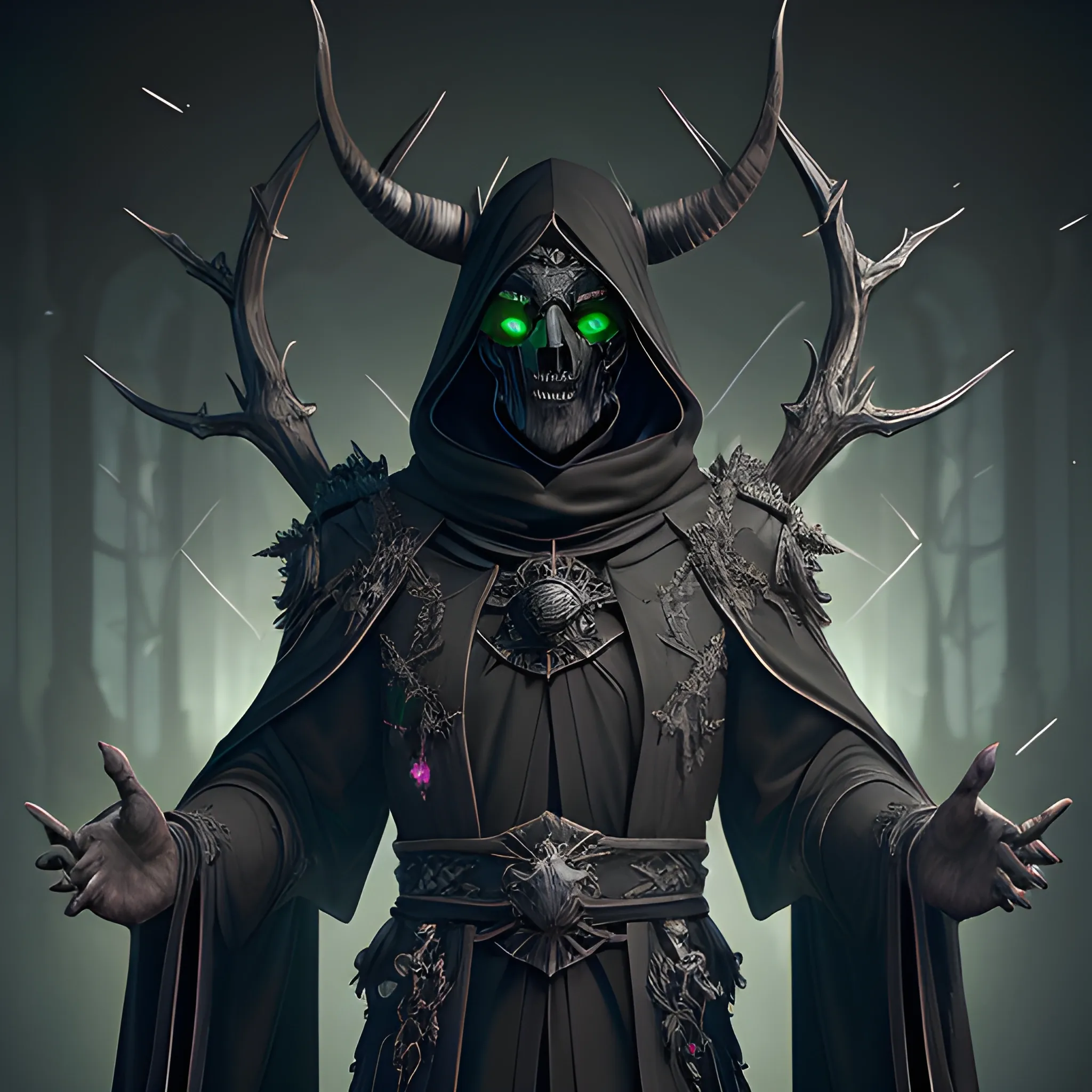 Male Necromancer, Layered Black robes, horned ebony mask, Wisps of green energy on the hands, Shards of Emeralds on the cloths, full body view, 8k, high resolution, high quality, photorealistic, hyperrealistic, detailed, detailed matte painting, deep color, fantastical, intricate detail, splash screen, complementary colors, fantasy concept art, 8k resolution trending on Artstation Unreal Engine 5
