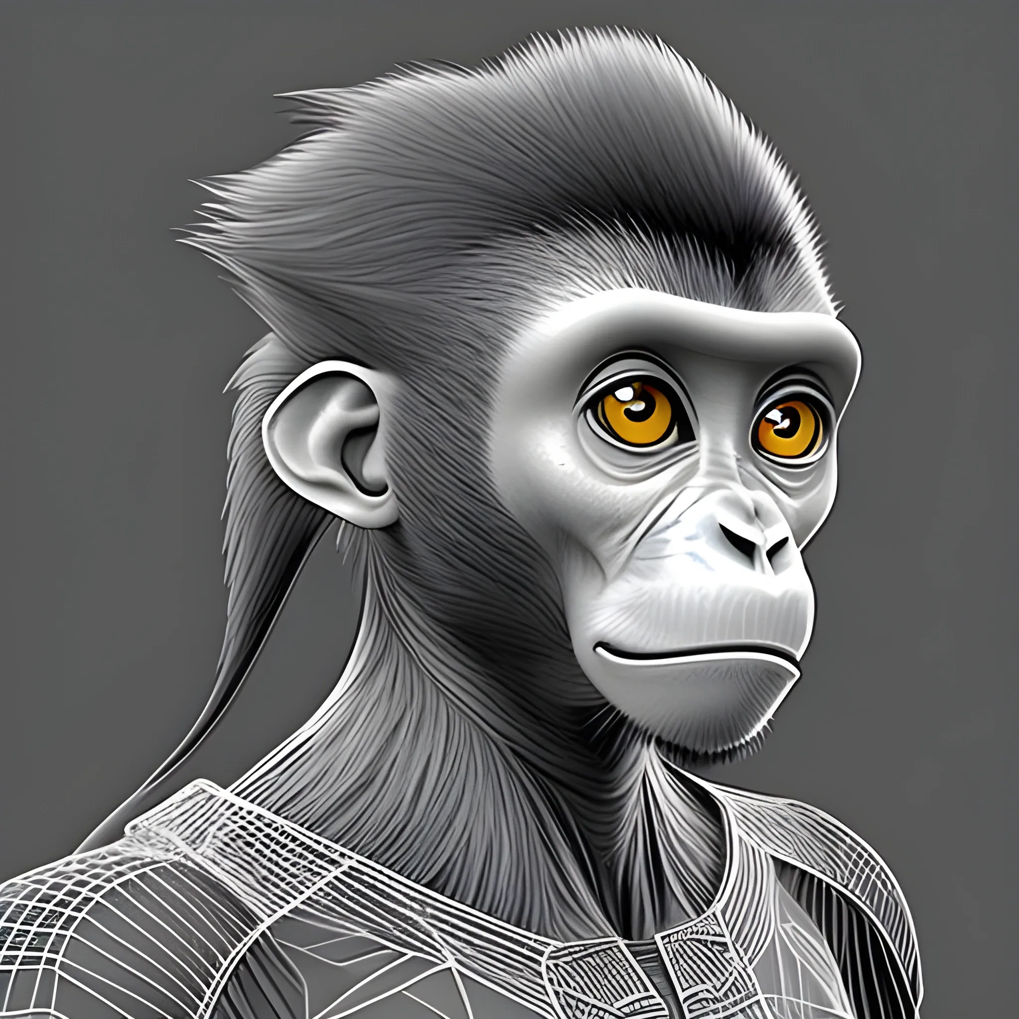 A monkey avatar with technology, future, comic-style lines, three-dimensional, Pencil Sketch