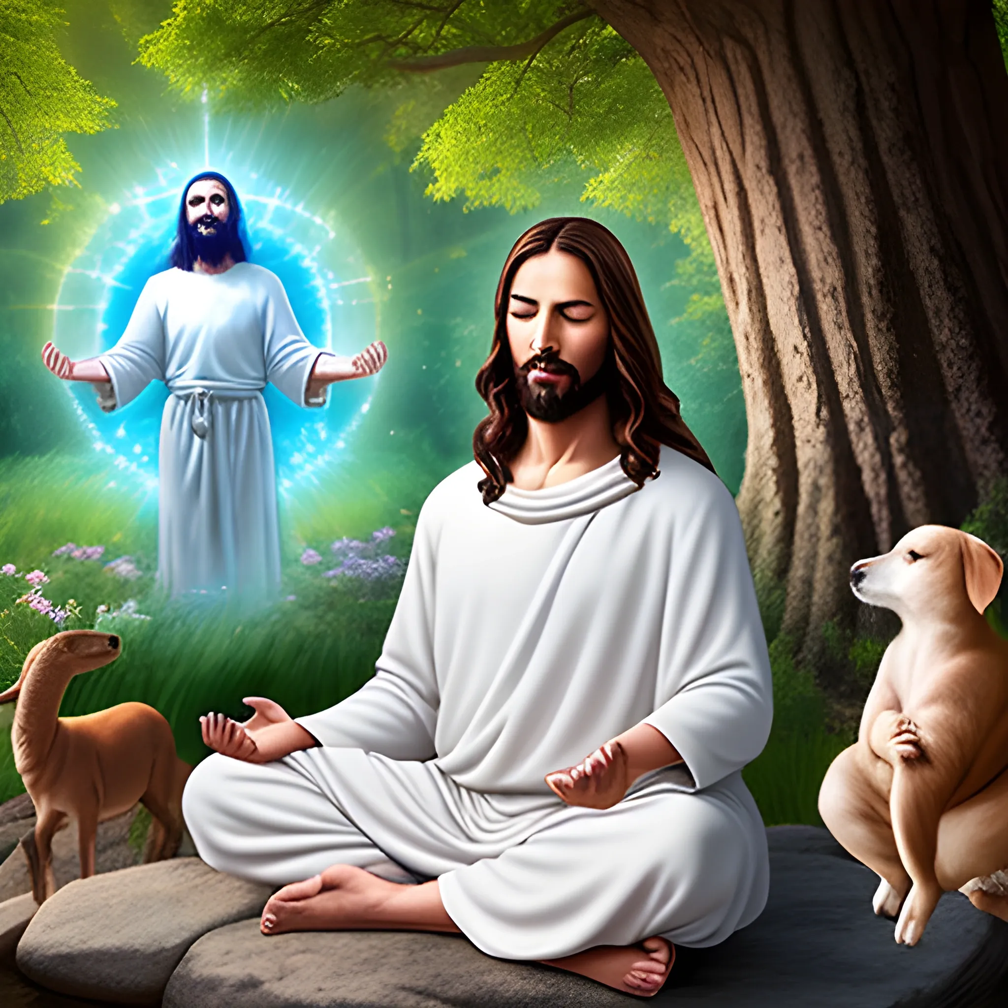 Create jesus with an aura meditating in the nature with animals around