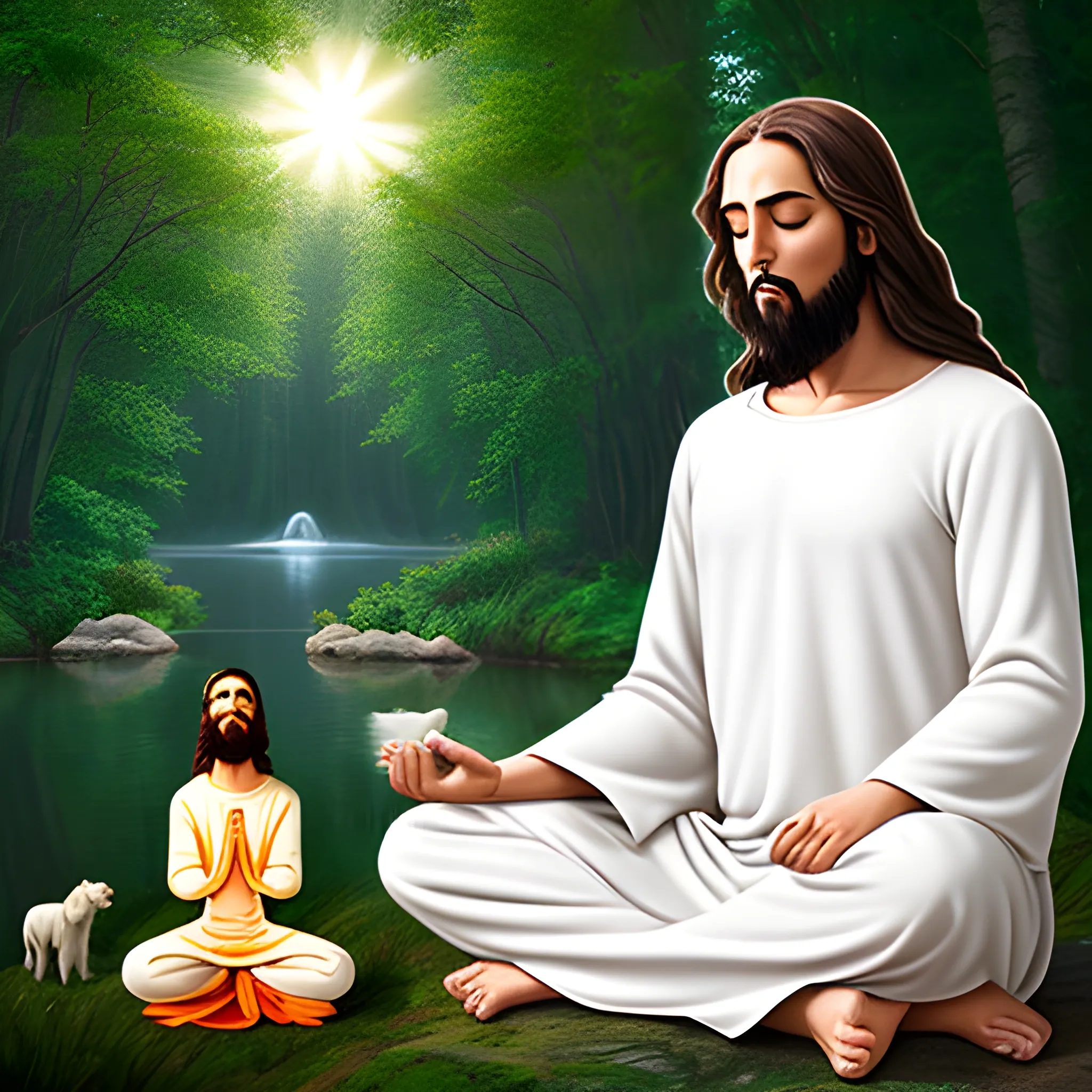 Create jesus with an aura meditating in the nature with animals around