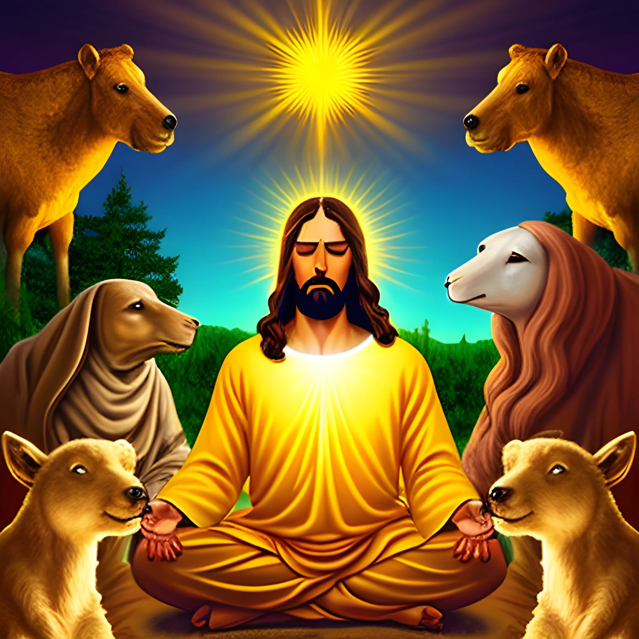 Create jesus (brown) with a golden aura around his head, meditating in the nature with lots of animals attracted to him