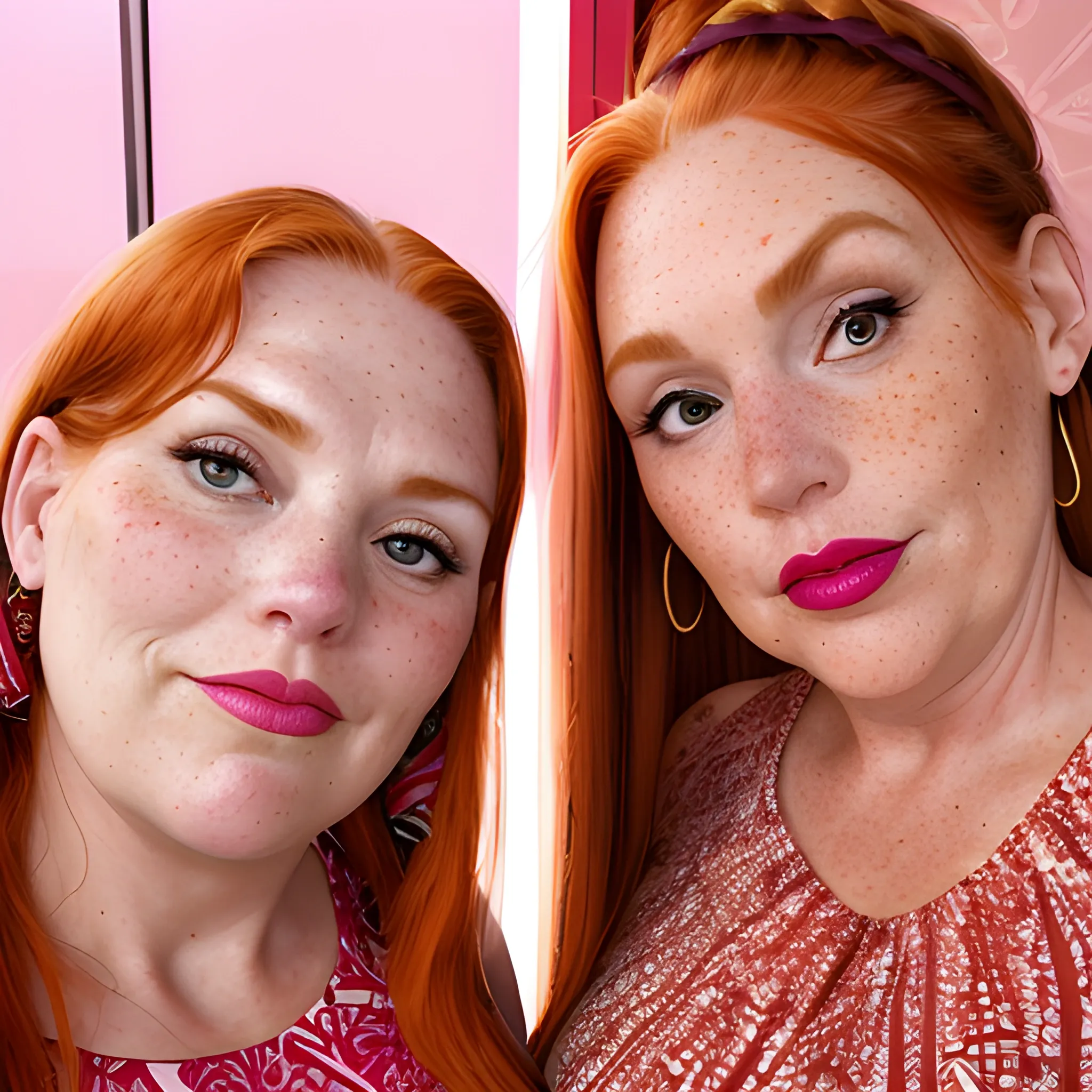 Two tall beautiful plus sized, ample, middle-aged  American Women, long straight ginger hair, ponytail, full lips, full face, freckles, fitted pink and red patterned dresses, looking down at the camera, up close pov, detailed, warm lighting 