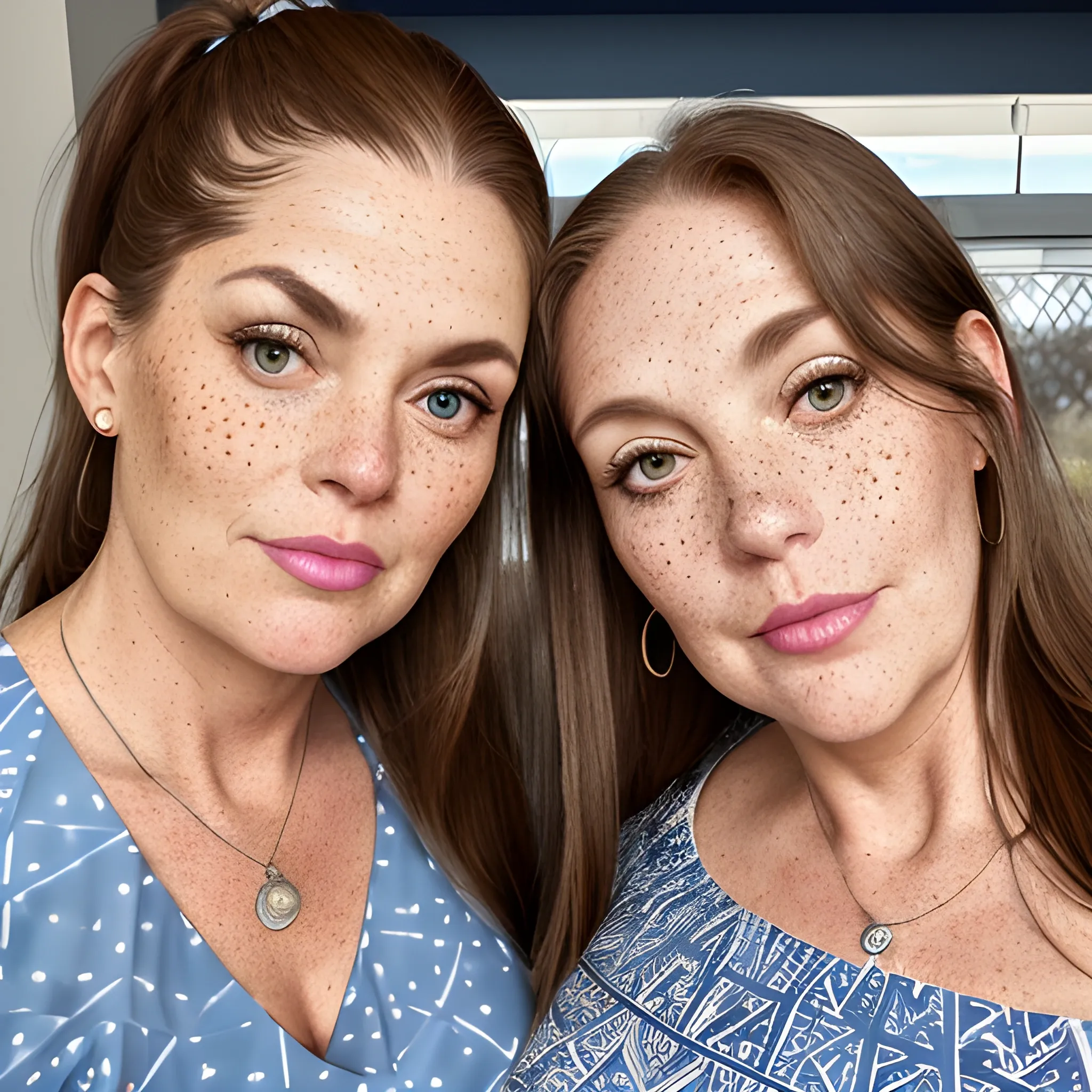 Two tall beautiful plus sized, ample, middle-aged  American Women, long straight brown hair, ponytail, full lips, full face, freckles, fitted white and blue patterned dresses, looking down at the camera, up close pov, detailed, warm lighting 