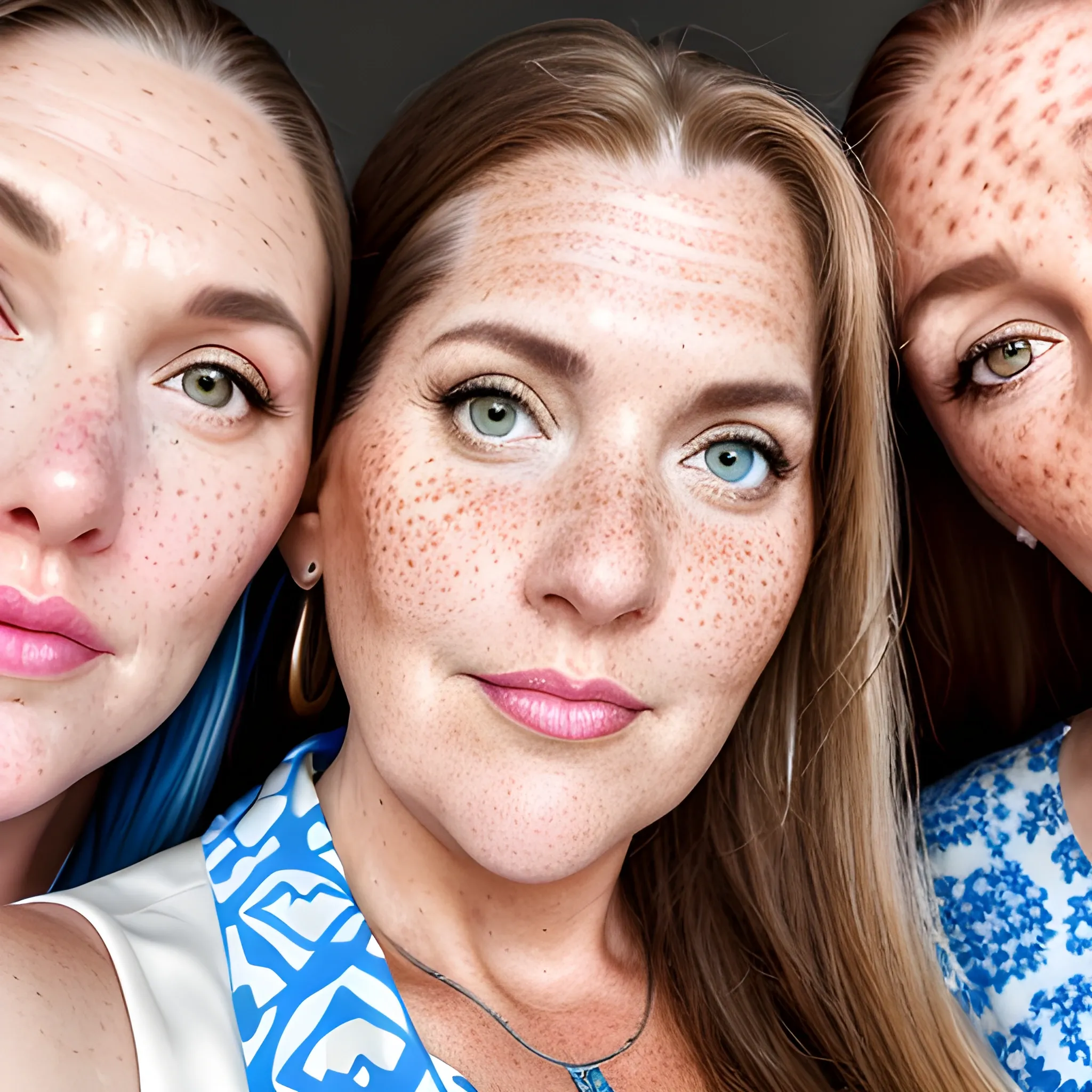 Two tall beautiful plus sized, ample, middle-aged  American Women, long straight brown hair, ponytail, full lips, full face, freckles, fitted white and blue patterned dresses, looking down at the camera, up close pov, detailed, warm lighting 