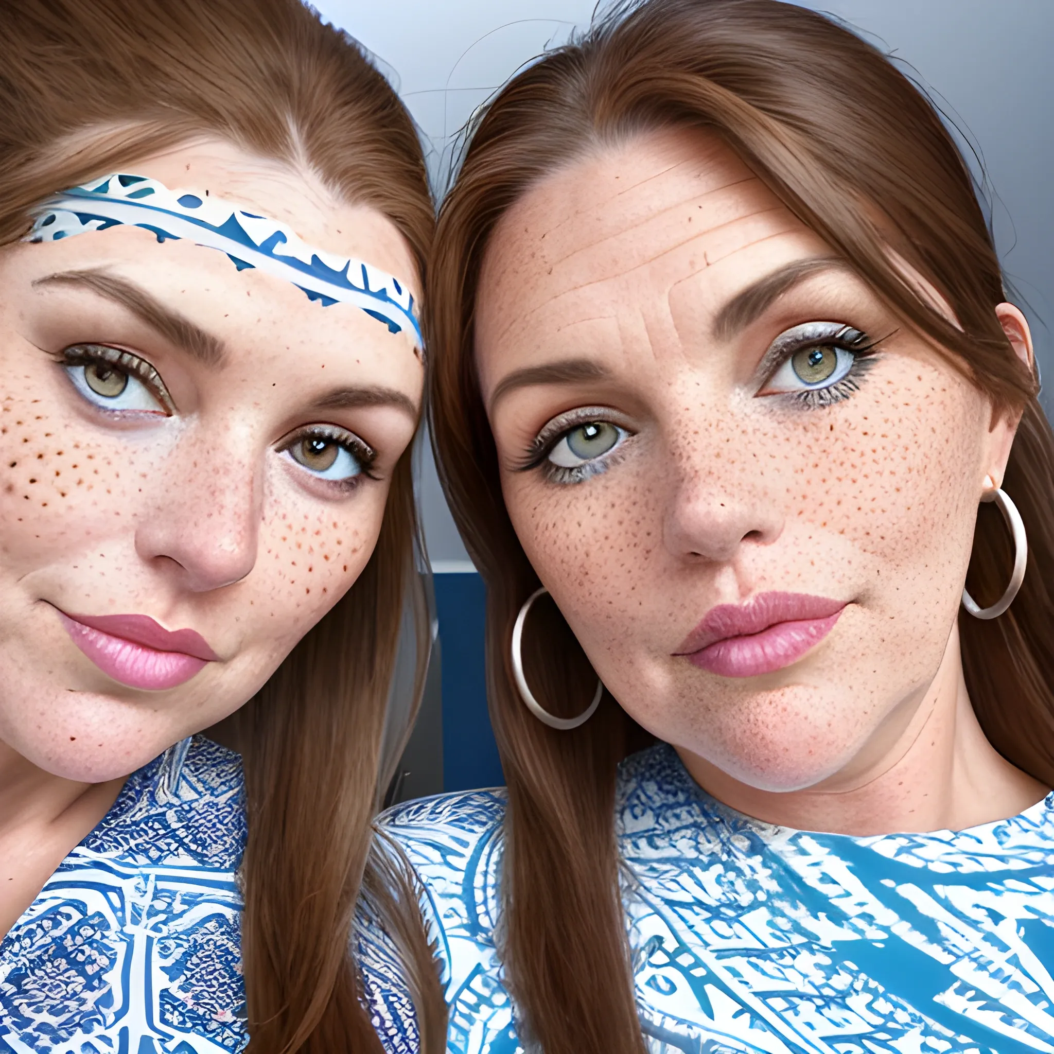 Two tall beautiful plus sized, ample, middle-aged  American Women, long straight brown hair, ponytail, full lips, full face, freckles, fitted white and blue patterned dresses, looking down at the camera, up close pov, detailed, warm lighting 