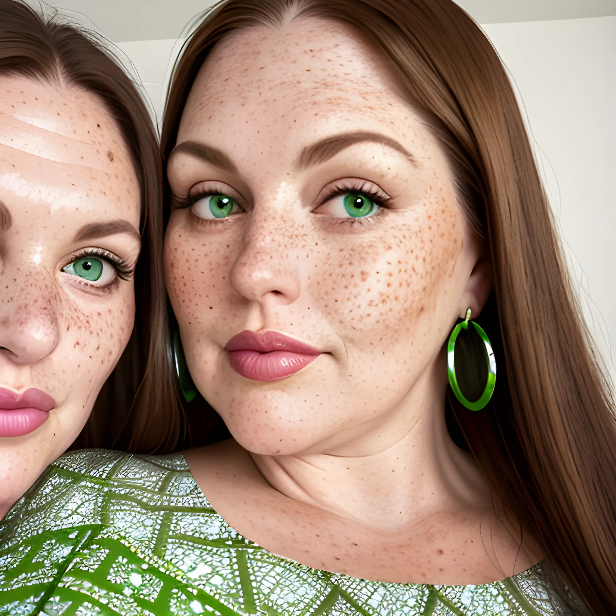 Two tall beautiful plus sized, ample, middle-aged  American Women, long straight brown hair, full lips, full face, freckles, fitted white and green patterned dresses, looking down at the camera, up close pov, detailed, warm lighting 