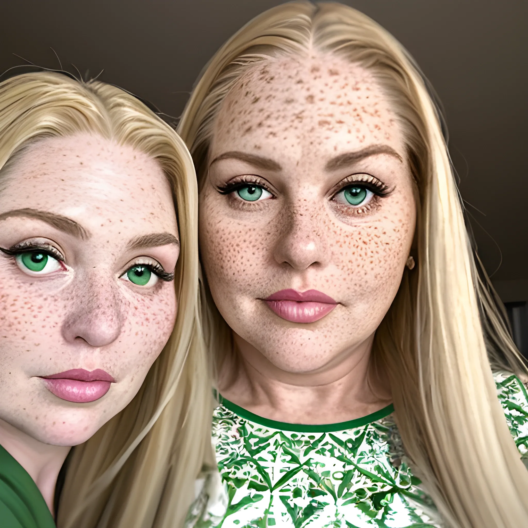 Two tall beautiful plus sized, ample, middle-aged  American Women, long straight blonde hair, full lips, full face, freckles, fitted white and green patterned dresses, looking down at the camera, up close pov, detailed, warm lighting 