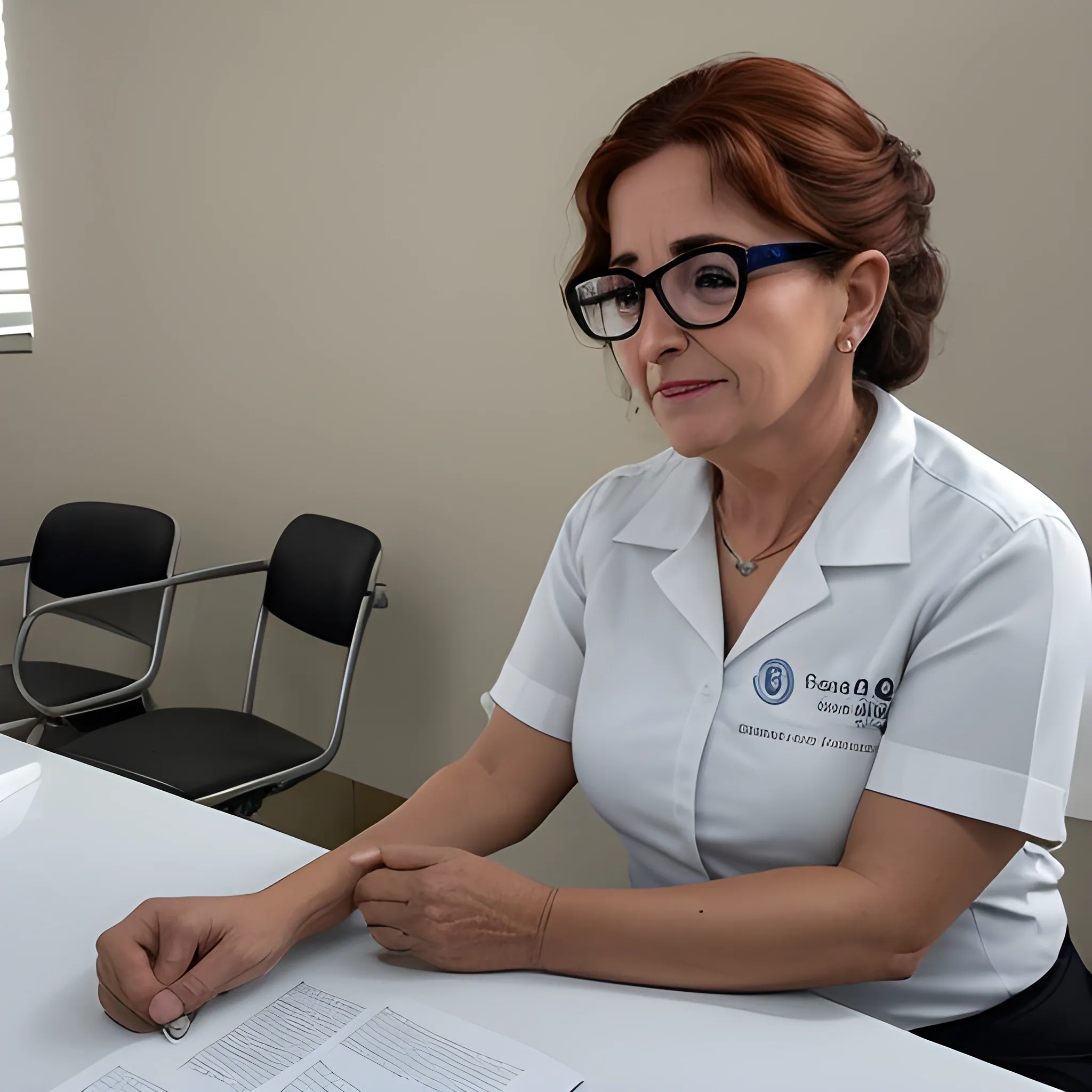 
Imagen detallada de una enfermera madura
Descripción:

Primer plano:

Una mujer en sus 40 años, con una mirada serena y llena de calidez.
Ojos cafés profundos enmarcados por unas gafas que acentúan su inteligencia y experiencia.
Cabello rubio con mechones plateados que le dan un toque de distinción, peinado en ondas suaves que caen sobre sus hombros.
Una sonrisa tenue asoma en sus labios, revelando una profunda amabilidad y compasión.
Sostiene una jeringa con cuidado y delicadeza en su mano derecha, como si estuviera a punto de realizar un procedimiento con suma precisión.
Uniforme y entorno:

Viste un uniforme de enfermera impecable, blanco como la nieve, que realza su figura esbelta y elegante.
Un fonendoscopio cuelga de su cuello, listo para ser usado en cualquier momento.
Detrás de ella se ve un hospital moderno y limpio, donde se respira un ambiente de tranquilidad y profesionalismo.
La luz cálida y suave ilumina la escena, creando una atmósfera acogedora y reconfortante.
Detalles adicionales:

La enfermera podría estar tomando la mano de un paciente para brindarle consuelo y apoyo.
Un cartel en la pared podría indicar el nombre de la unidad de enfermería o el área de especialización de la enfermera.
La enfermera podría llevar un brazalete con su nombre y número de identificación.
Tono del texto:

El texto que acompaña a la imagen debe ser descriptivo y evocador, utilizando un lenguaje sencillo y directo que transmita la calidez y la profesionalidad de la enfermera. Se pueden utilizar adjetivos como "compasiva", "dedicada", "experimentada" e "inspiradora" para destacar las cualidades de la mujer representada.

Objetivo:

La imagen y el texto juntos deben crear una representación conmovedora de la labor de las enfermeras, resaltando su importancia como cuidadoras y su capacidad para brindar apoyo emocional a sus pacientes.

Palabras clave: Mujer madura, enfermera, ojos cafés, cabello rubio, canas, lentes, uniforme, jeringa, ternura, comprensión, compasión, dedicada, profesional, paciente, apoyo emocional, cuidado, esperanza.