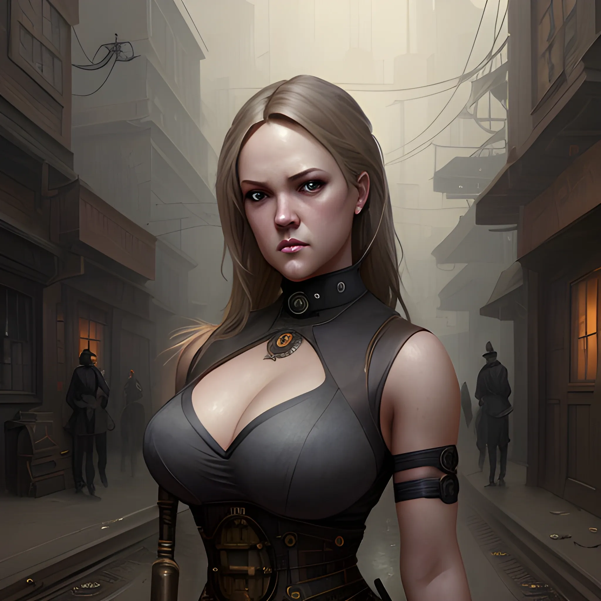 alexis texas, an oil painting portrait, steampunk city alley, dark brown skin, realistic gray eyes, volumetric lighting, trending on artstation, by Greg Rutkowski, Marjorie Liu, Sana Takeda