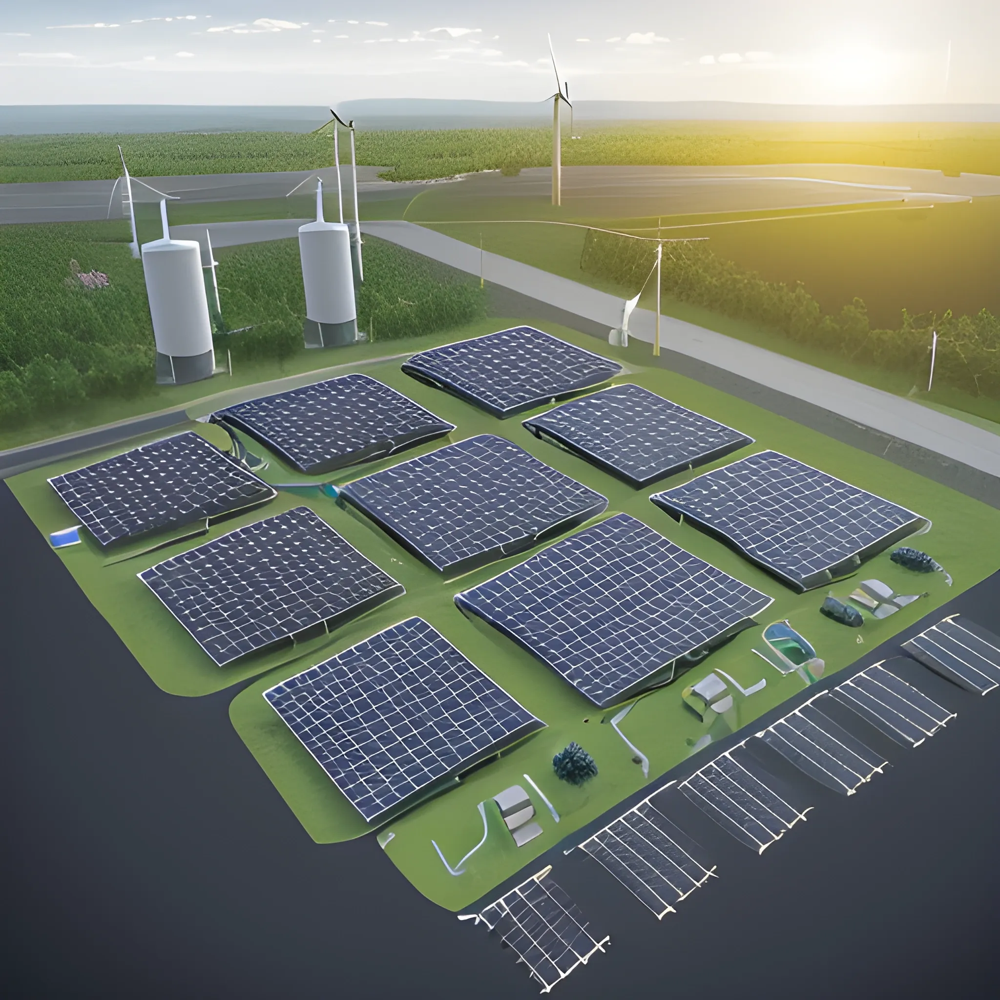 Design an illustration showcasing the essential components of a microgrid. It must include an array of brilliant solar panels under a radiant, sunny sky, capturing their ability to utilize solar energy. There must also be a contemporary wind turbine with blades turning in a gentle wind against a background of a crisp blue sky, signifying the generation of energy through wind power. A robust diesel generator coated in an industrial shade of grey should be on standby to provide backup power when required. Finally, a large battery storage system with indicator lights should be glowing, signifying reserved energy ready for dispatch. All these components must be arranged to highlight their interconnectedness, jointly symbolizing a sustainable and dependable source of energy. Additionally, incorporate elements of Internet of Things (IoT) as a schematic diagram to link these microgrid components., 3D,