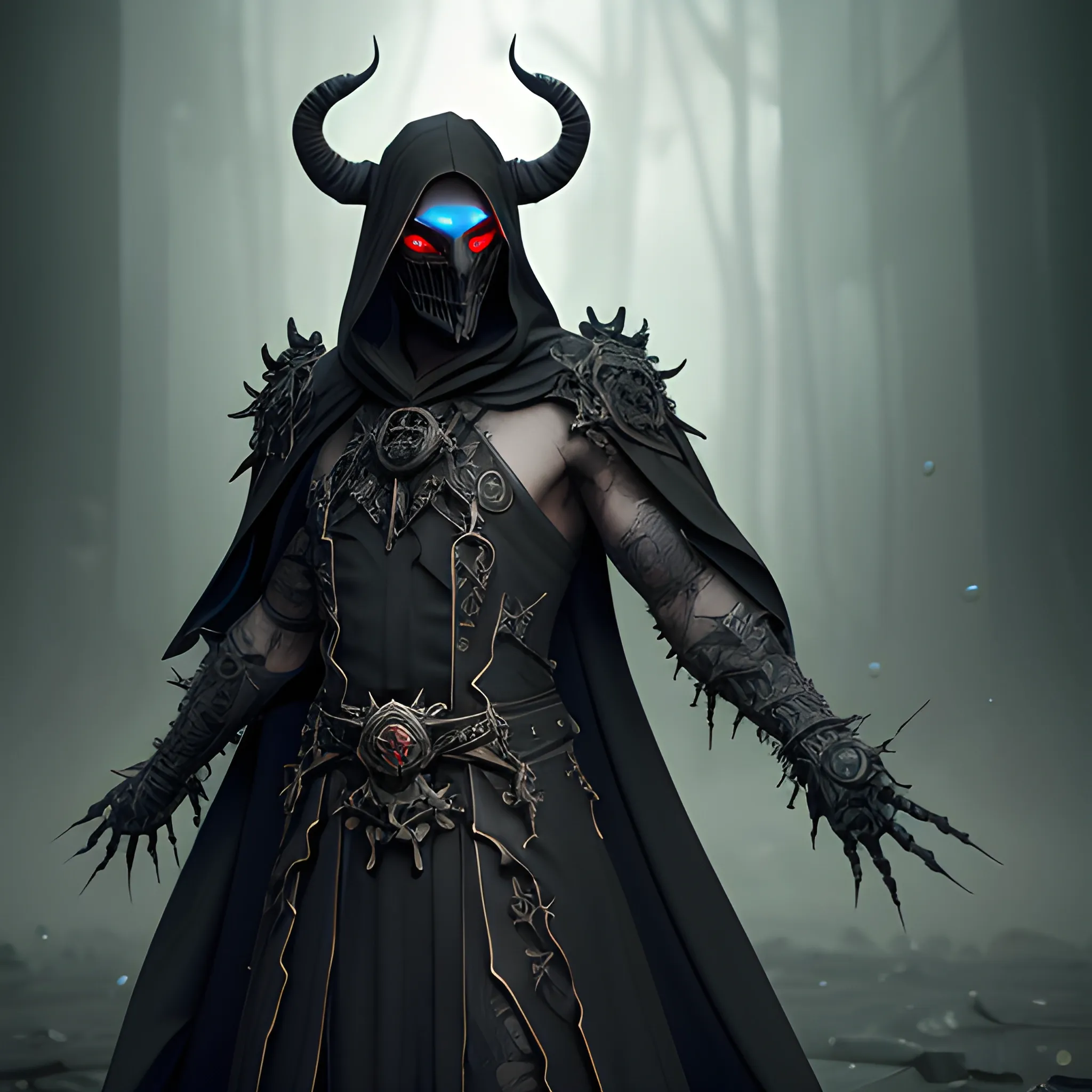 Male Necromancer, Layered Black robes, horned ebony mask, Wisps of green energy on the hands, Shards of Emeralds on the cloths, full body view, 8k, high resolution, high quality, photorealistic, hyperrealistic, detailed, detailed matte painting, deep color, fantastical, intricate detail, splash screen, complementary colors, fantasy concept art, 8k resolution trending on Artstation Unreal Engine 5