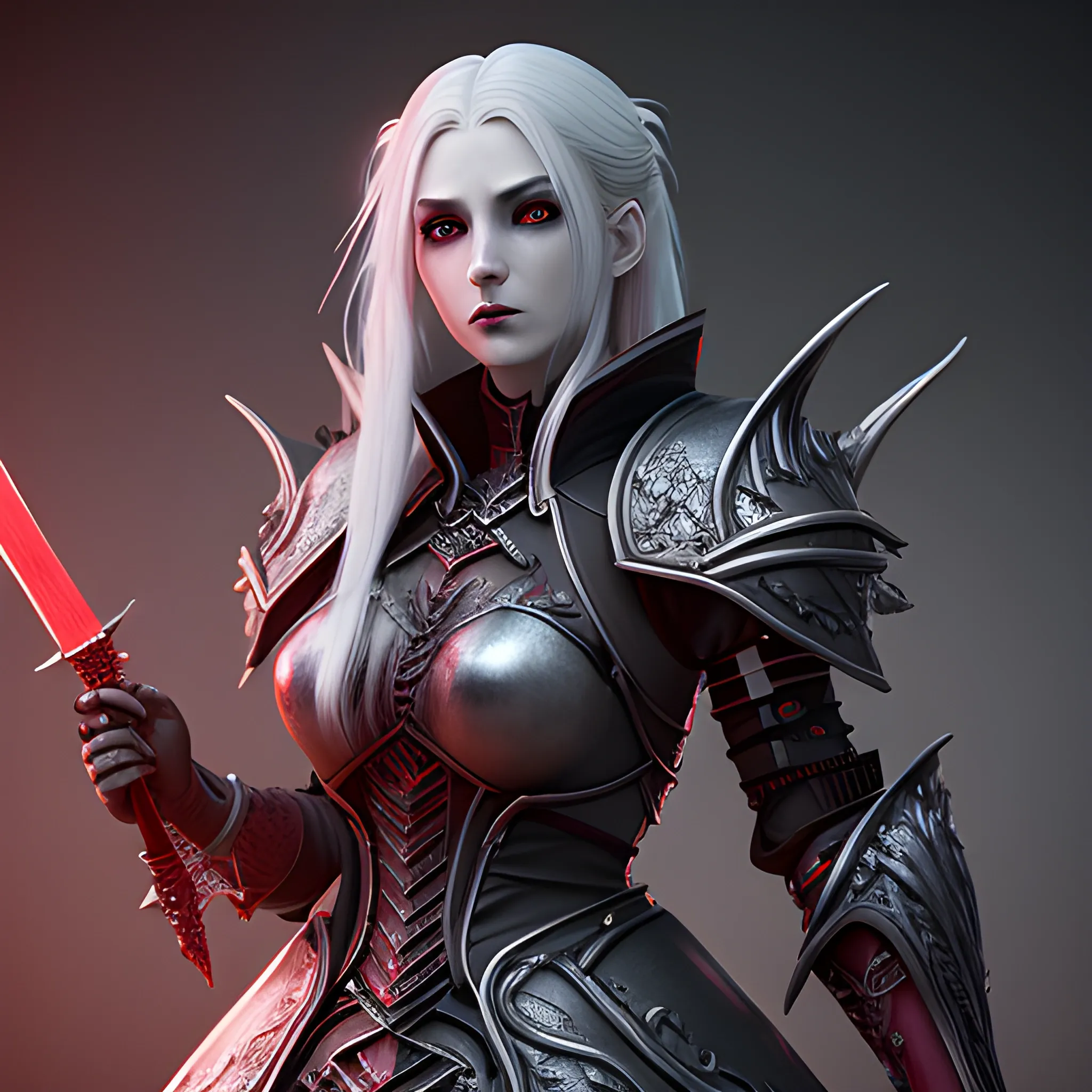 female vampire, silver hair, long hair, pale skin, scarlet aura, duel swords, scarlet weapons, black light armor, fancy vampire armor,  full body view, 8k, high resolution, high quality, photorealistic, hyperrealistic, detailed, detailed matte painting, deep color, fantastical, intricate detail, splash screen, complementary colors, fantasy concept art, 8k resolution trending on Artstation Unreal Engine 5