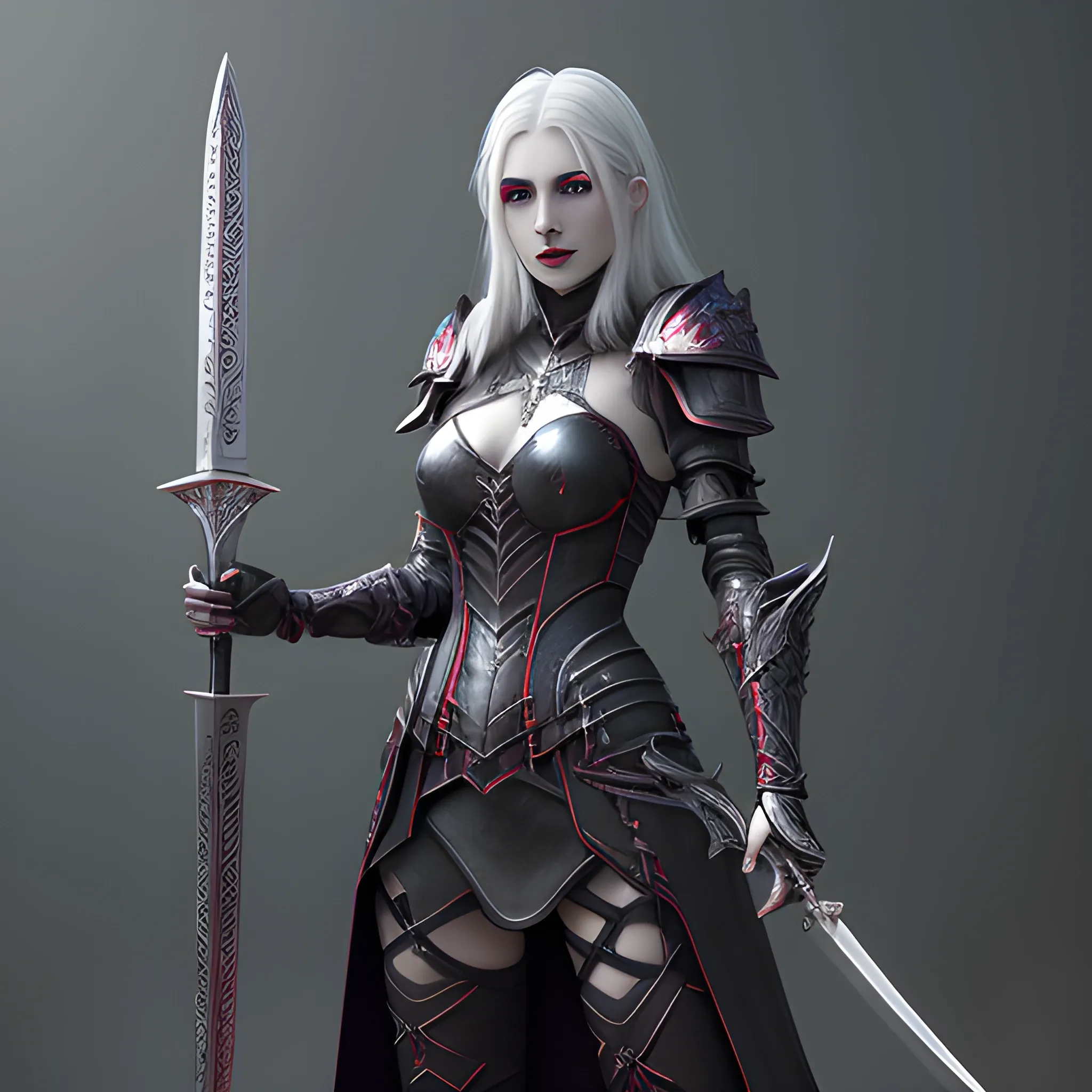 female vampire, silver hair, long hair, pale skin, scarlet aura, duel swords, scarlet weapons, black light armor, fancy vampire armor,  full body view, 8k, high resolution, high quality, photorealistic, hyperrealistic, detailed, detailed matte painting, deep color, fantastical, intricate detail, splash screen, complementary colors, fantasy concept art, 8k resolution trending on Artstation Unreal Engine 5