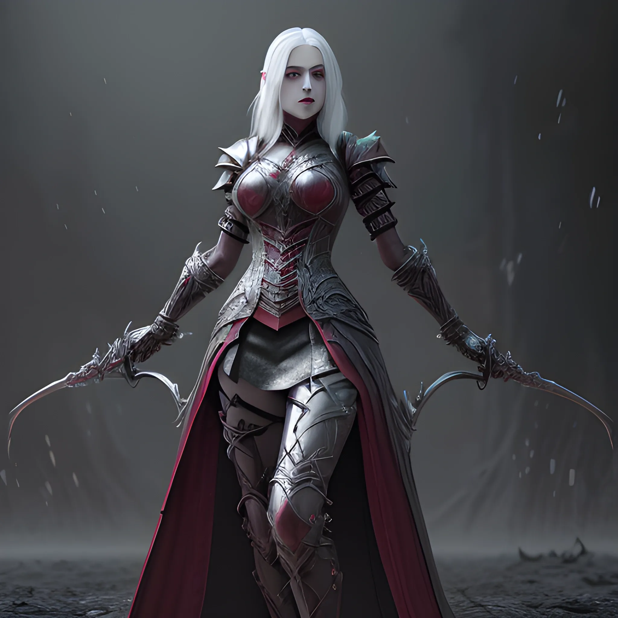 female vampire, silver hair, long hair, pale skin, scarlet aura, ruby scythe, scarlet weapons, black light armor, fancy vampire armor,  full body view, 8k, high resolution, high quality, photorealistic, hyperrealistic, detailed, detailed matte painting, deep color, fantastical, intricate detail, splash screen, complementary colors, fantasy concept art, 8k resolution trending on Artstation Unreal Engine 5