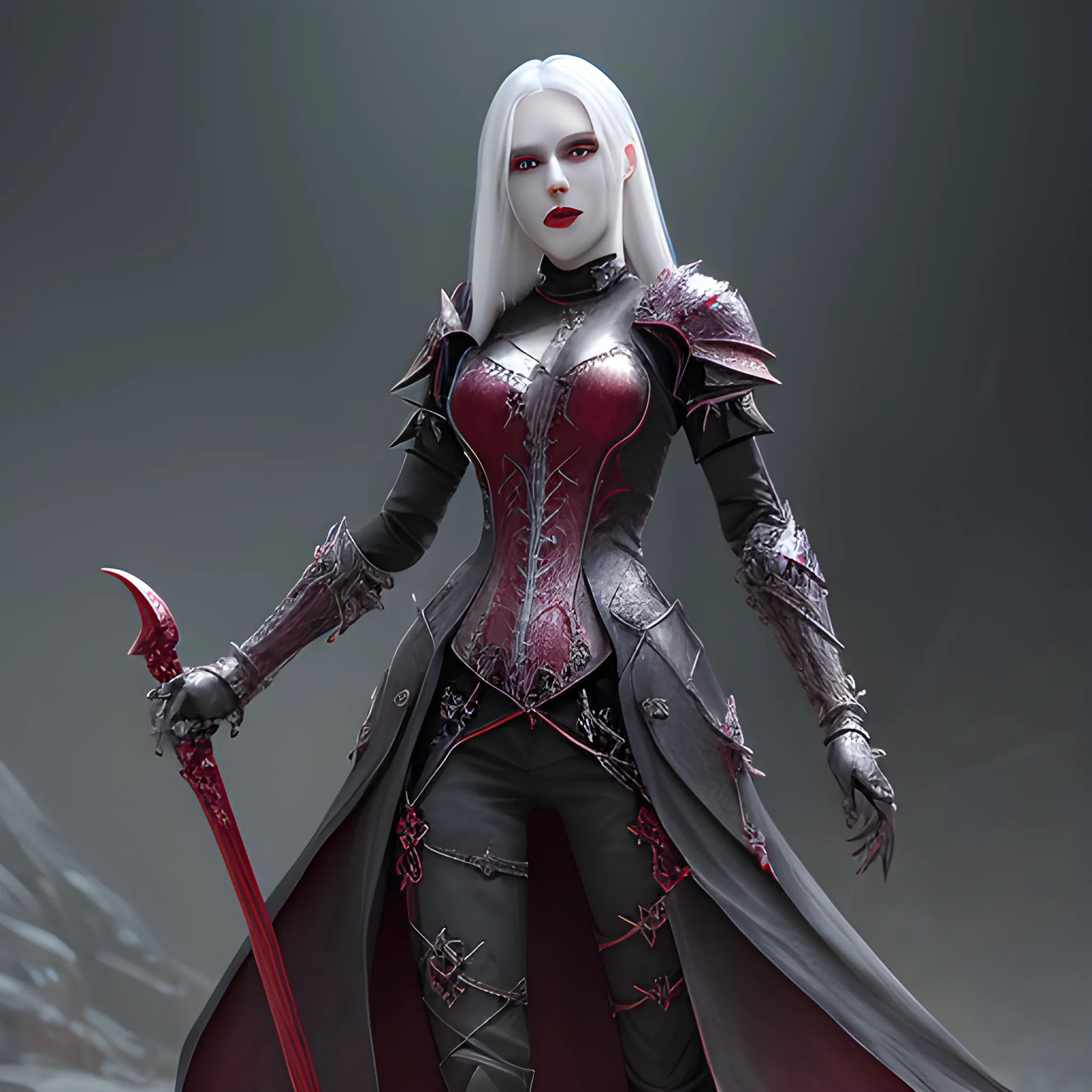 female vampire, silver hair, long hair, pale skin, scarlet aura, ruby scythe, scarlet weapons, black light armor, fancy vampire armor,  full body view, 8k, high resolution, high quality, photorealistic, hyperrealistic, detailed, detailed matte painting, deep color, fantastical, intricate detail, splash screen, complementary colors, fantasy concept art, 8k resolution trending on Artstation Unreal Engine 5