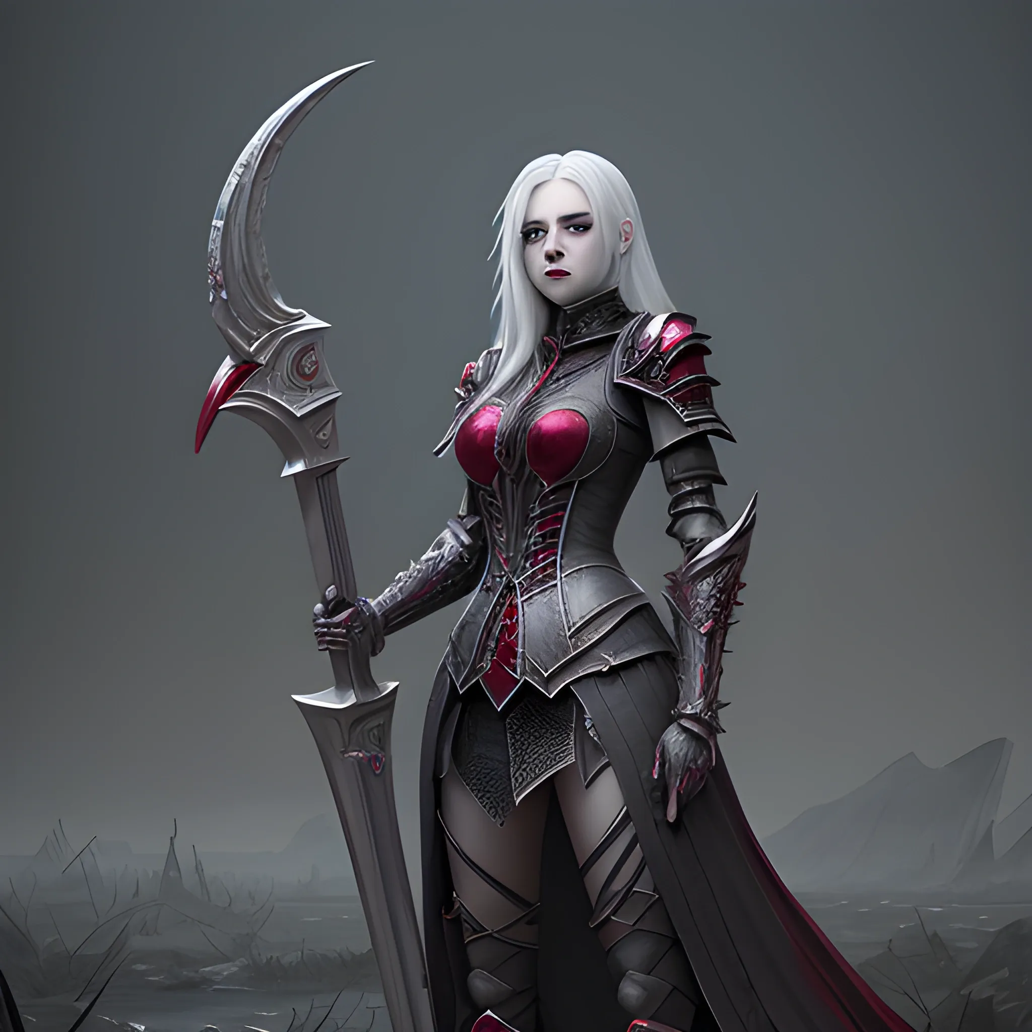 female vampire, silver hair, long hair, pale skin, scarlet aura, ruby scythe, scarlet weapons, black light armor, fancy vampire armor,  full body view, 8k, high resolution, high quality, photorealistic, hyperrealistic, detailed, detailed matte painting, deep color, fantastical, intricate detail, splash screen, complementary colors, fantasy concept art, 8k resolution trending on Artstation Unreal Engine 5