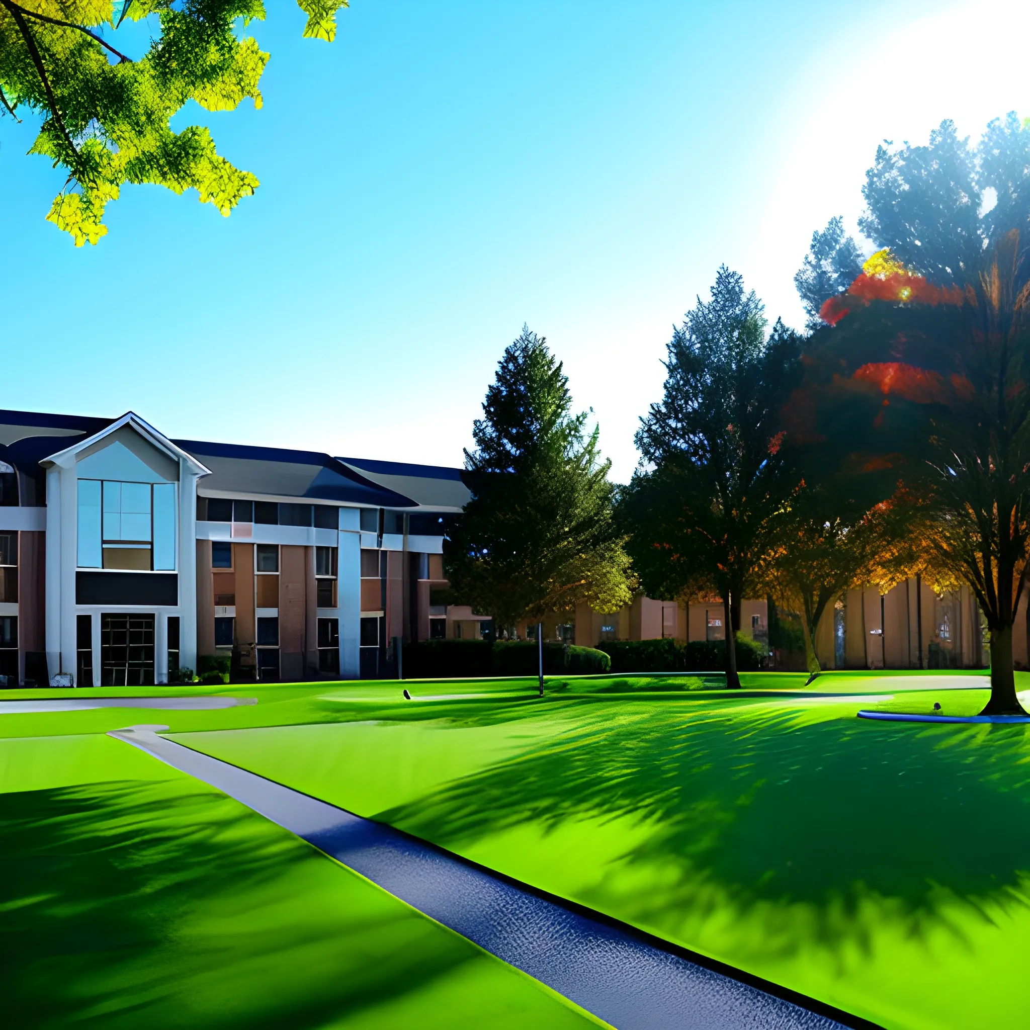 suburban children's campus. Cheerful children, green grass, trees, the sun is shining, everyone is happy. Photo quality.