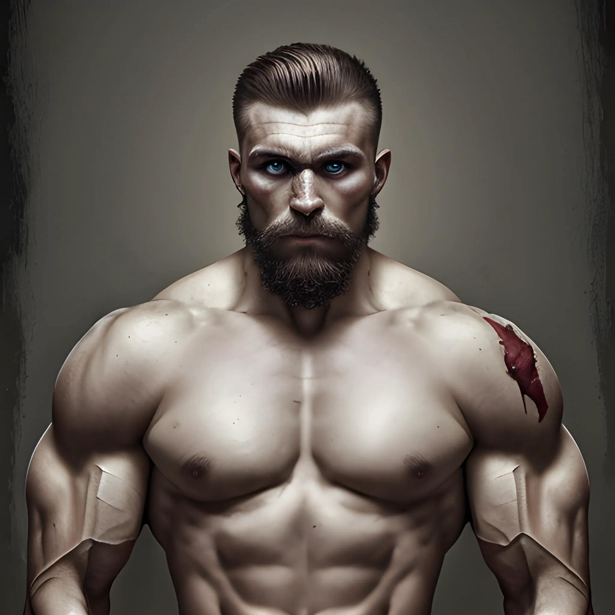 russian man , 16k , masculen , muscles , masterpiece , fokus on man, massive muscles, scar on face, tall, soldier