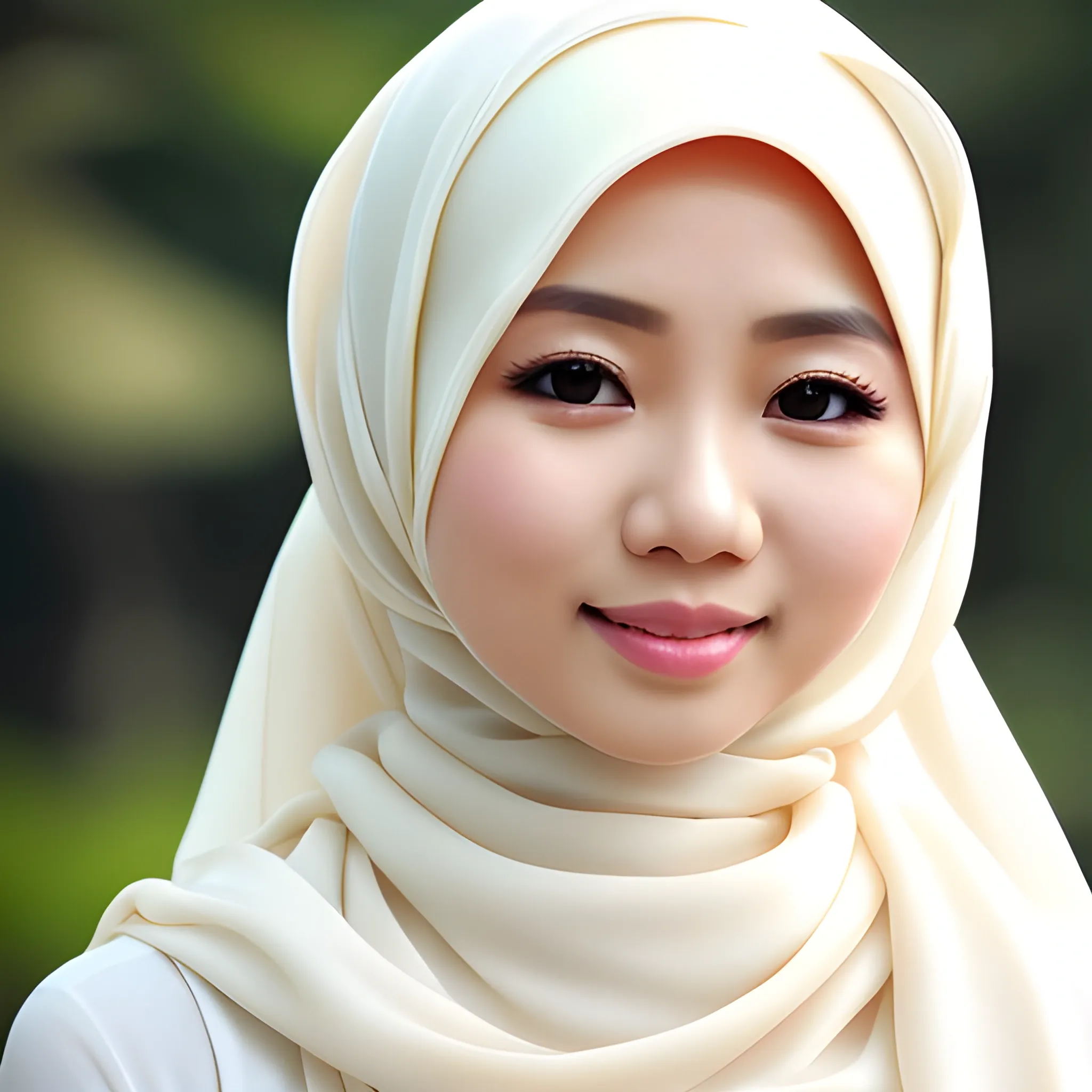 pretty women indonesian, elegant, happy, cream hijab, white dress, focus, face detail