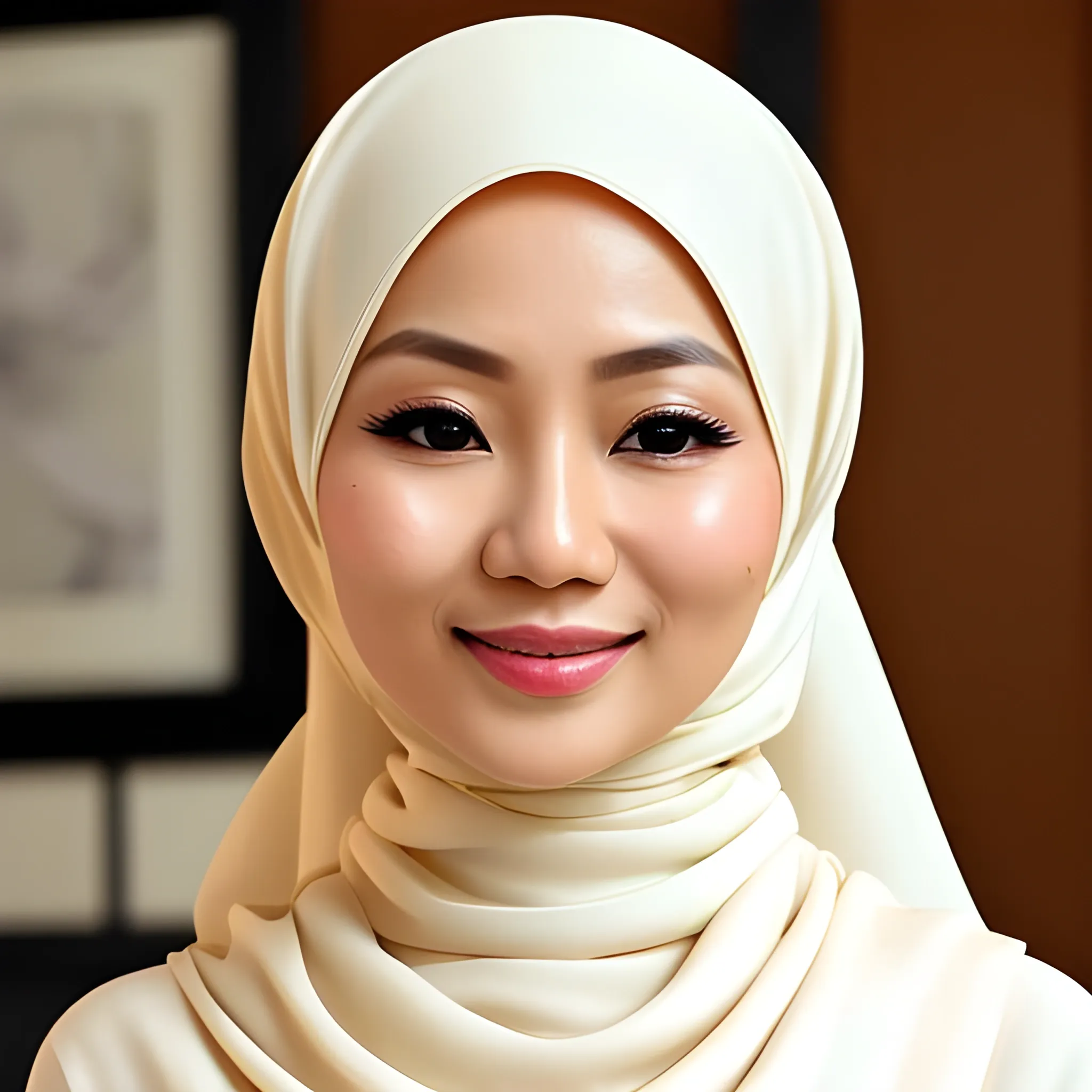 pretty women indonesian, 33 yo, elegant, happy, cream hijab, white dress, focus, face detail, facing camera