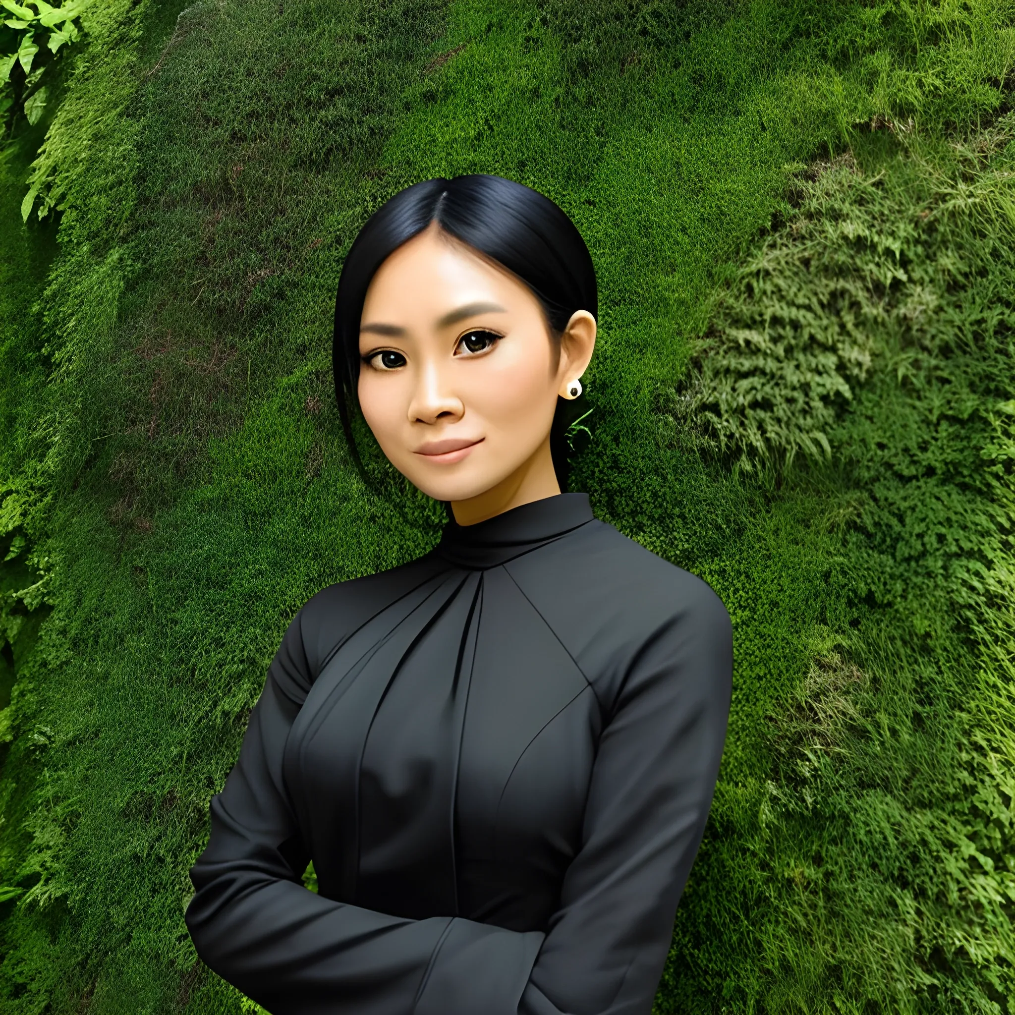 beautiful Indonesian women, 36 years old, elegant, happy, hair tied, black dress, focus, face detail, facing camera, in front of a green wall