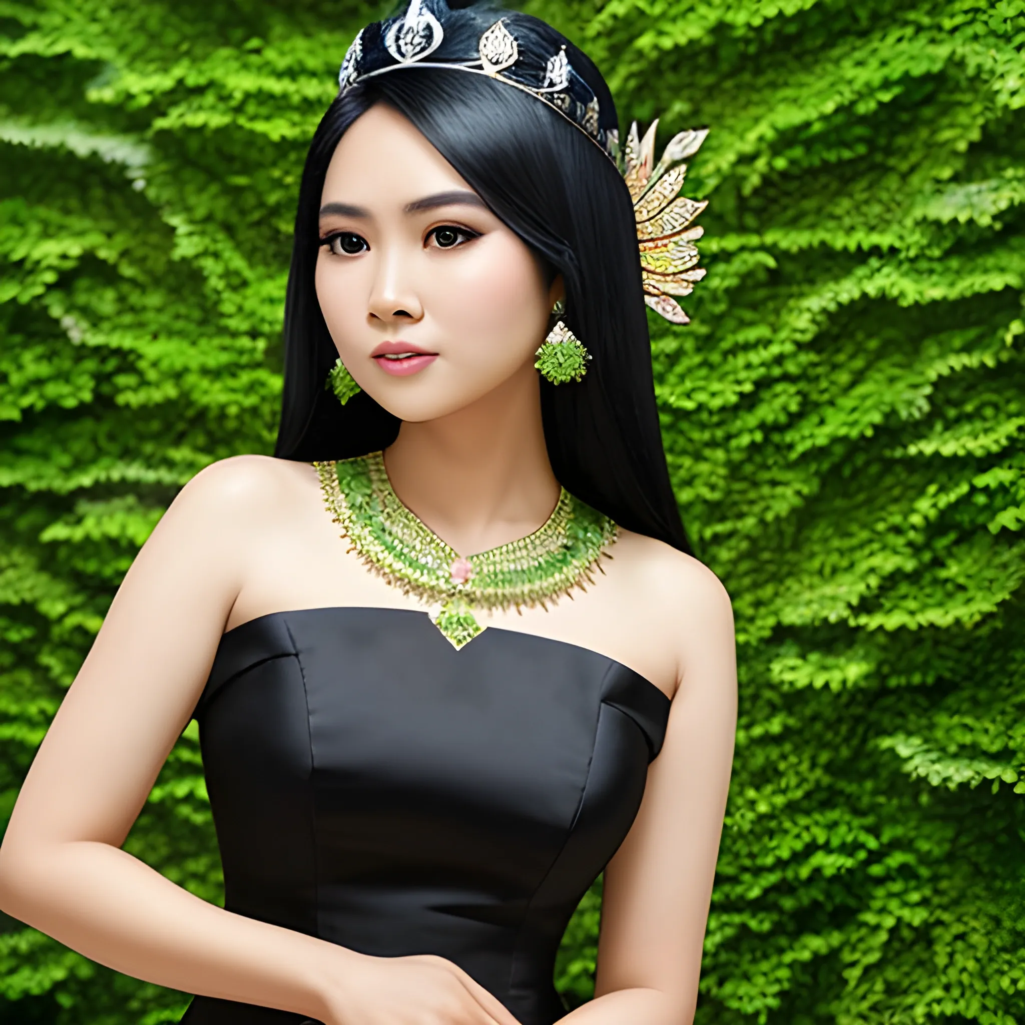 Indonesian Princess, elegant, happy, black hair, queen dress, focus, face detail, facing camera, in front of a plain green wall