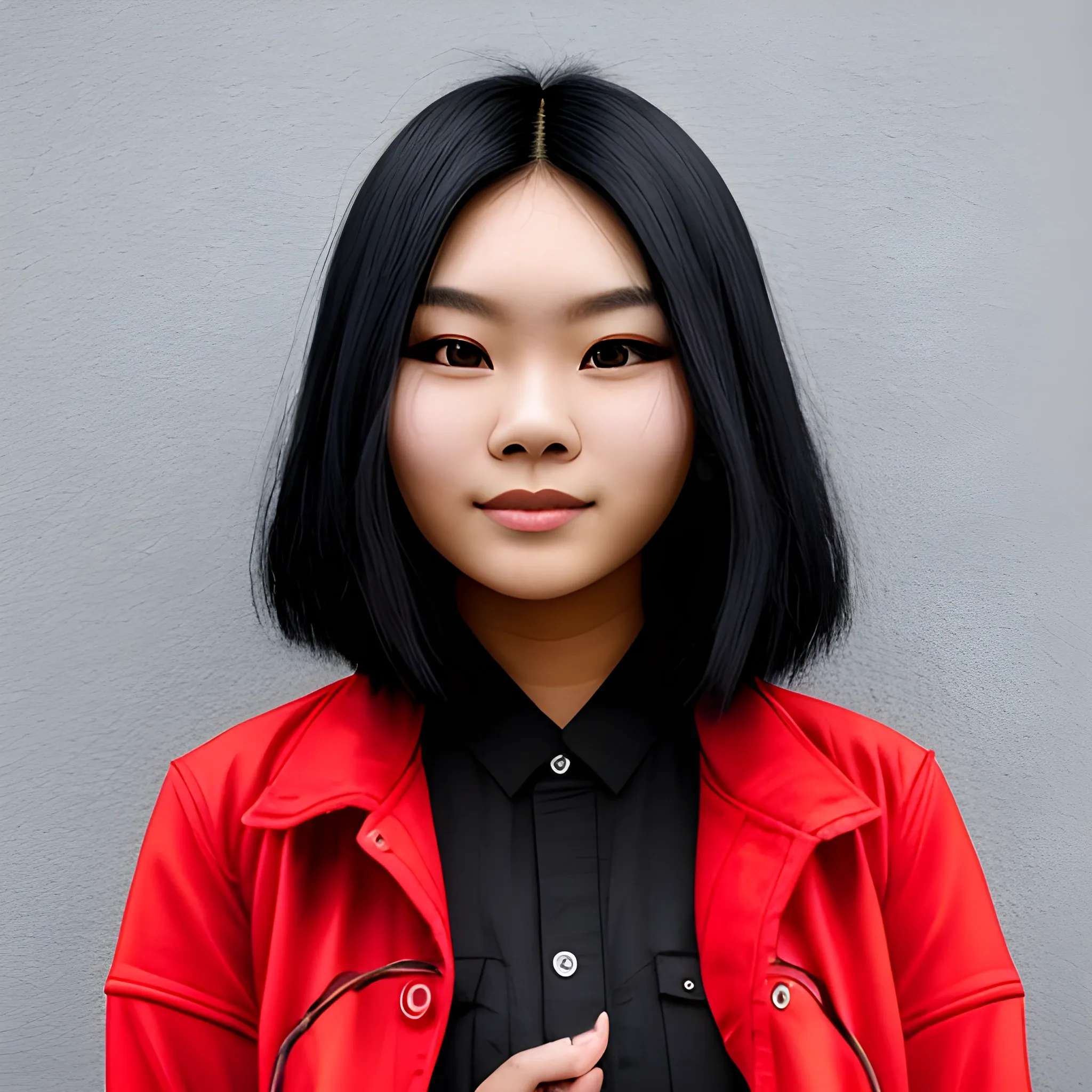 beautiful Malaysian women, 21 yesrs old, happy, black hair, red jacket, solo, focus, face detail, facing the camera, in front of a plain grey wall