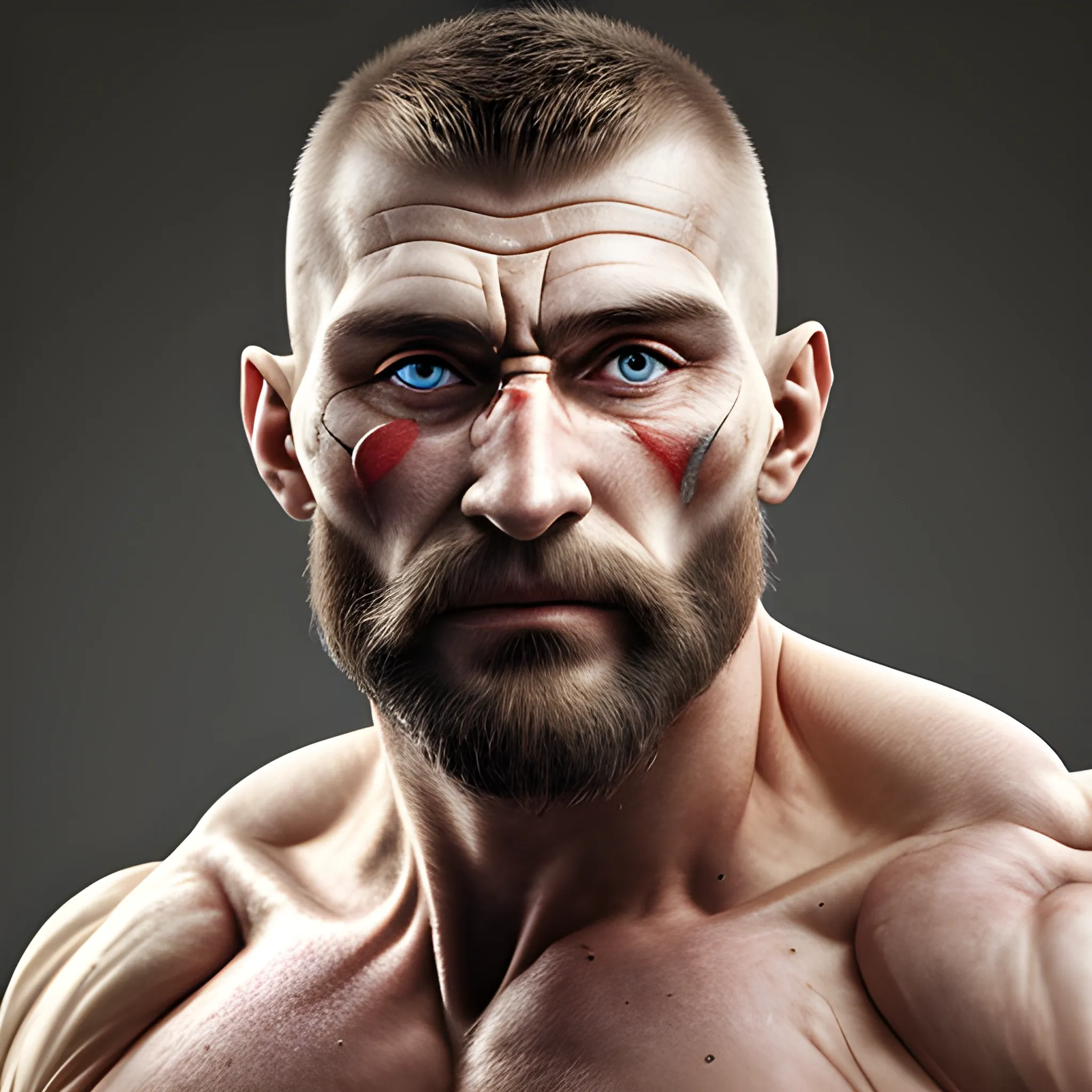 russian man , 16k , muscles ,  massive muscles, scar over eye, tall, soldier, 30 years old