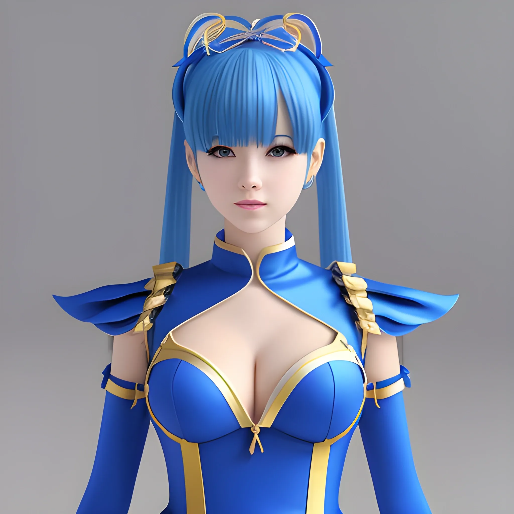 beautiful woman facing the front, wearing anime blue costume, standing, 3D