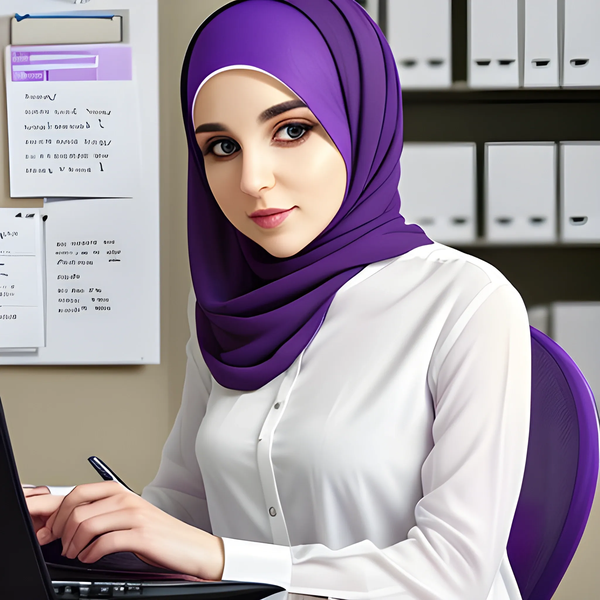 beautiful woman facing the front,, white blouse, long sleave, purple hijab, sitting, face detail, hand on table, inside of office