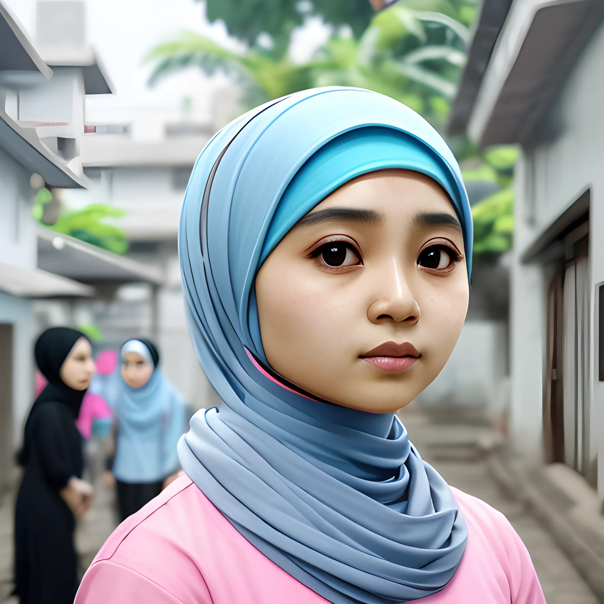 ashanty Indonesian artist, sharp nose, black eyes, wearing a light blue hijab, pink shirt, looking at camera in front, facing forward, from the front, face detail, 4k