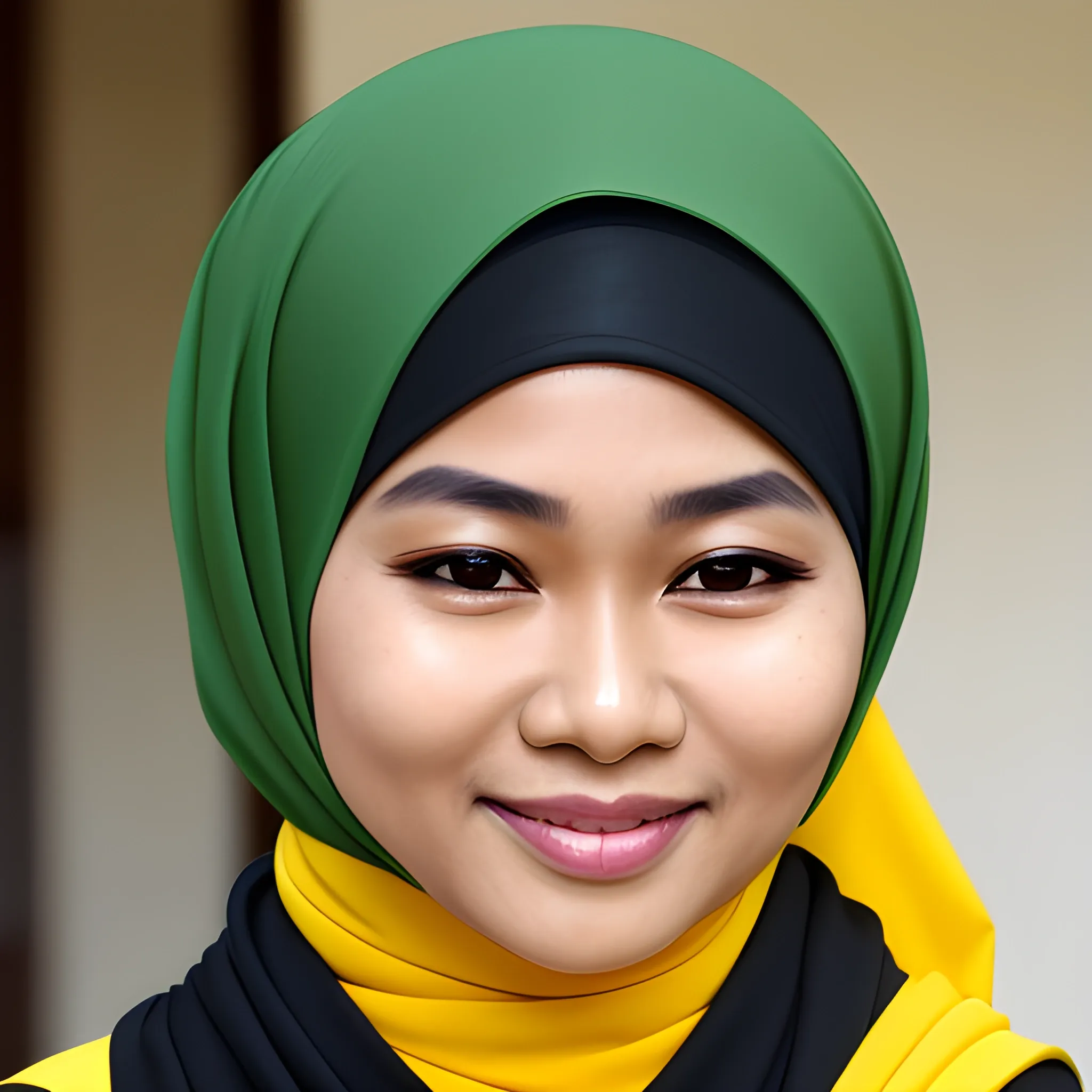 asmiranda Indonesian artist, elegant, happy, face detail, sharp nose, black eyes, wearing a yellow hijab, green shirt, formal, looking at camera in front, facing forward,  4k