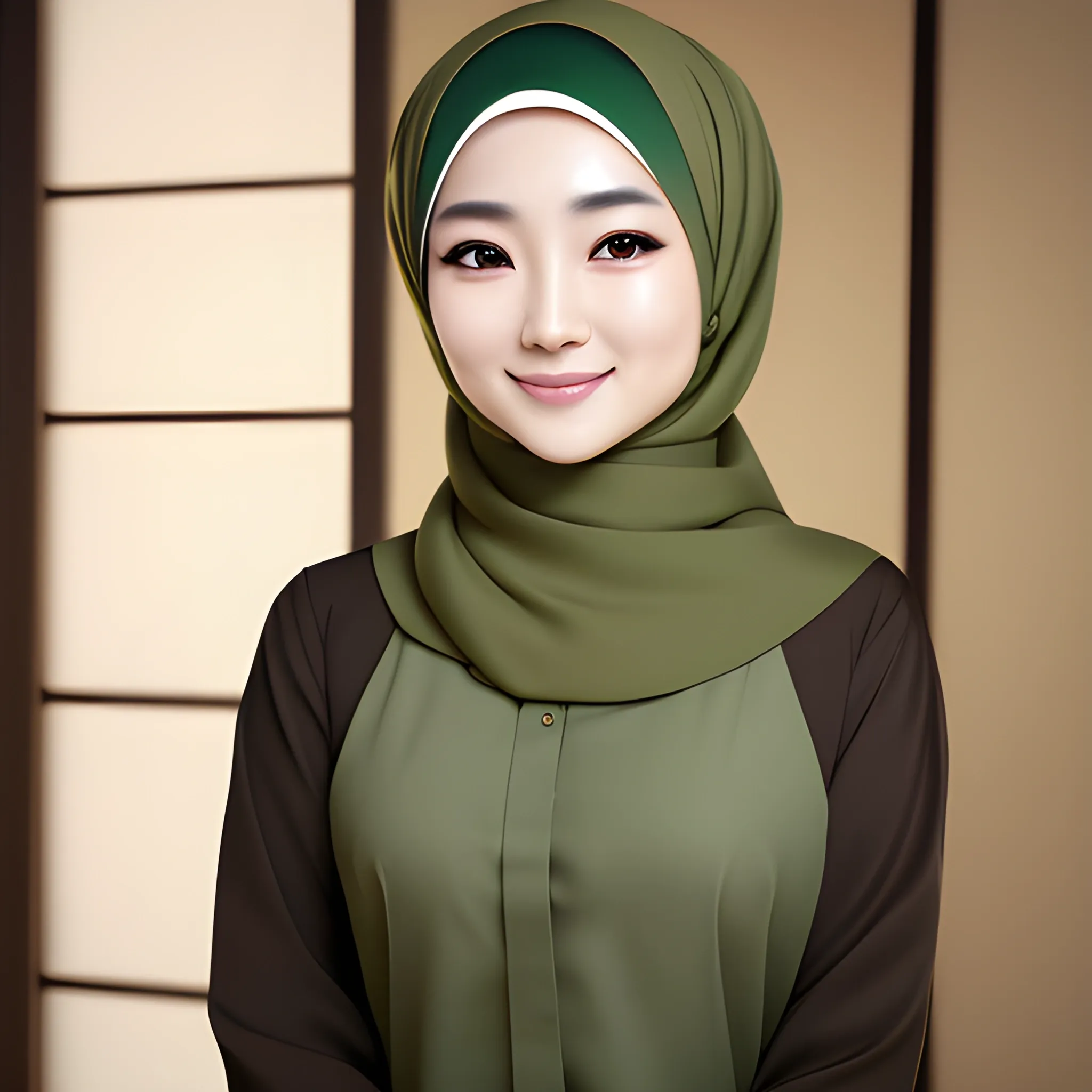 japanese women artist, elegant, happy, face detail, sharp nose, black eyes, wearing a brown hijab, green shirt, formal, her eyes looking at camera, 4k