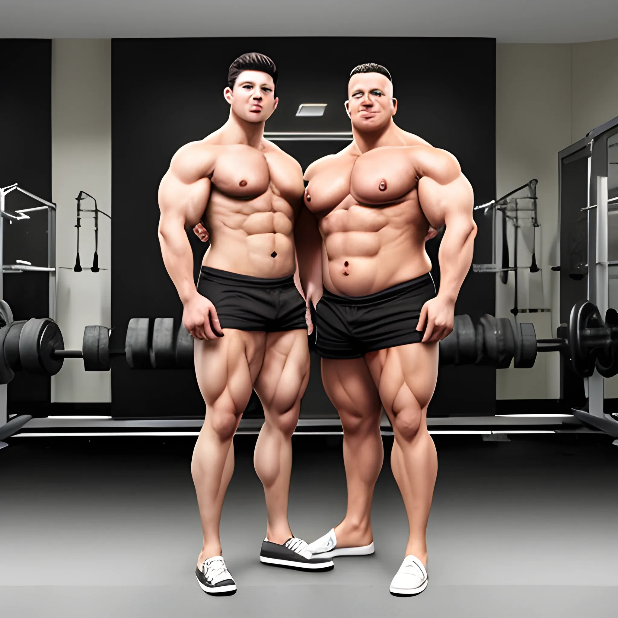 2 Males standing, muscle, fat, bara